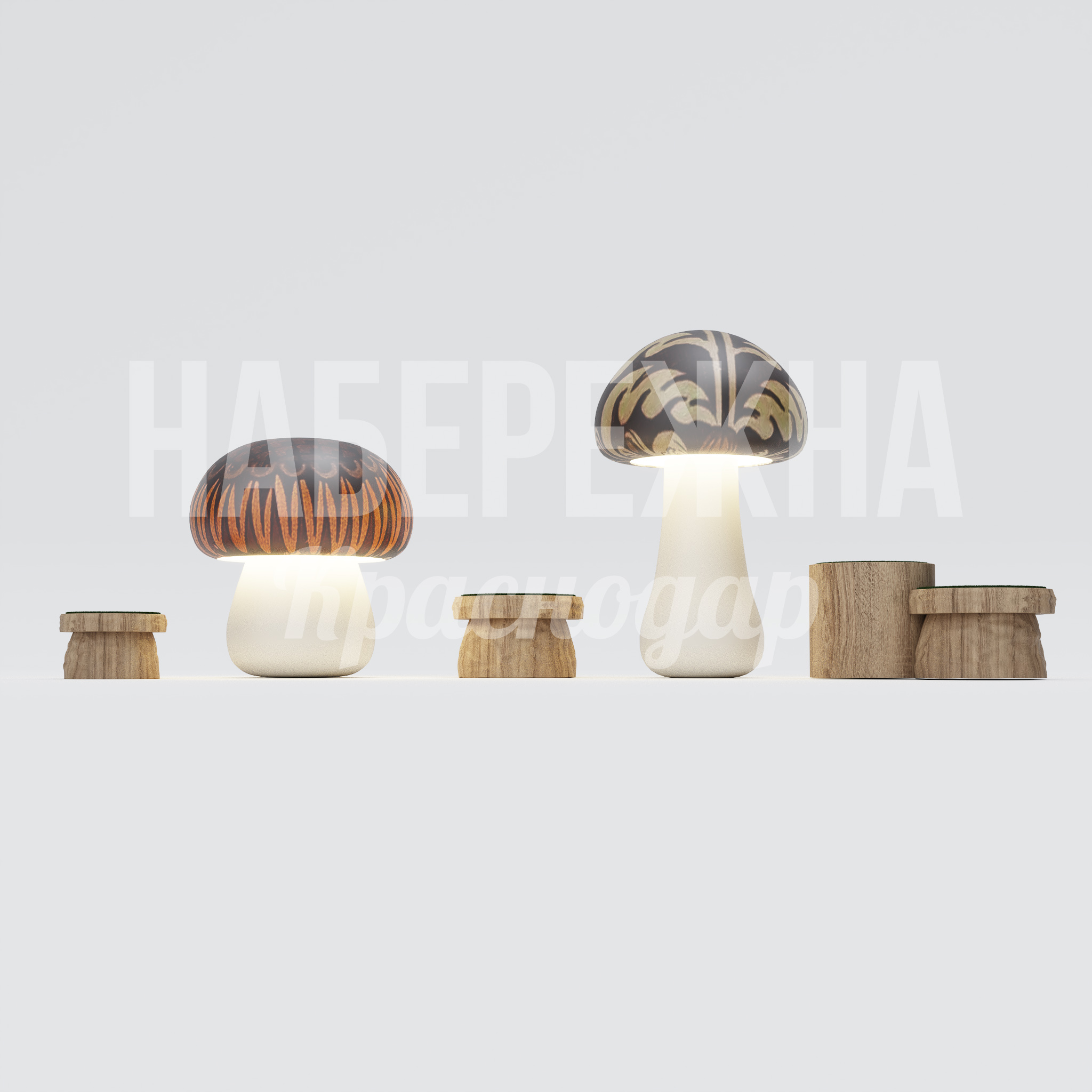 Зона отдыха грибы "Fungu" - купить, 6680x12500x3100 мм, Дерево, Подсветка