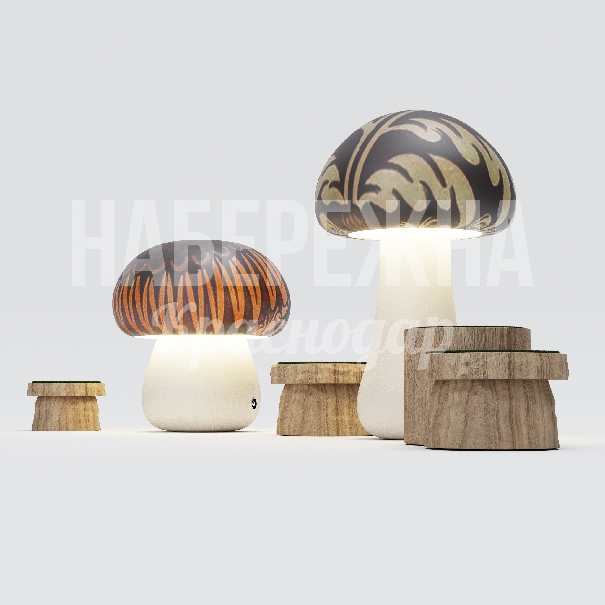 Зона отдыха грибы "Fungu" 6680x12500x3100 мм. ART-25.004 Зона отдыха в форме грибов с деревянными сиденьями и декоративной подсветкой для создания комфортных пространств.