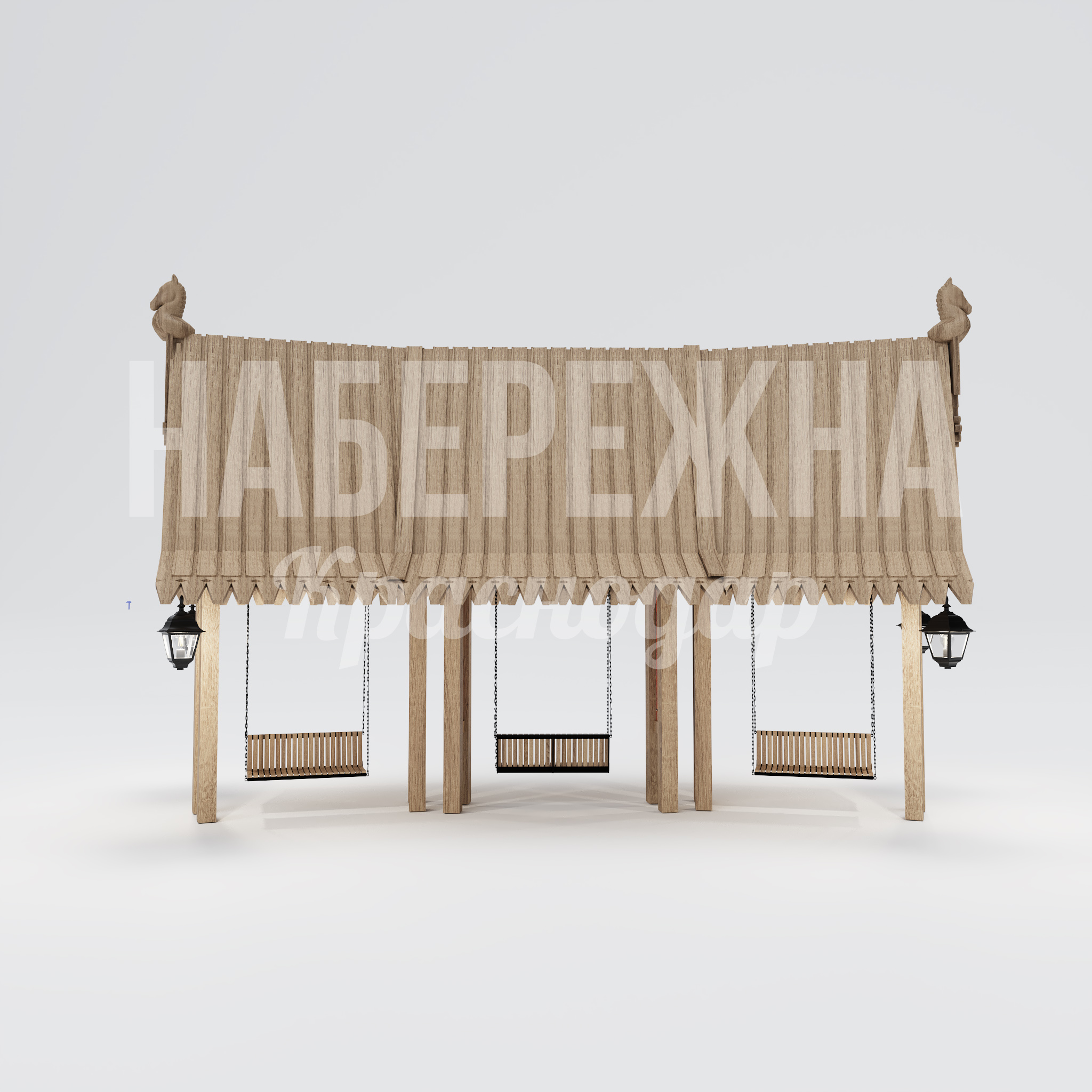 Парклет Yulåb с качелями 6680x10500x6500 мм. ART-25.006 Парклет с тремя качелями и навесом, декоративными фонарями и резными элементами для зон отдыха и парков.