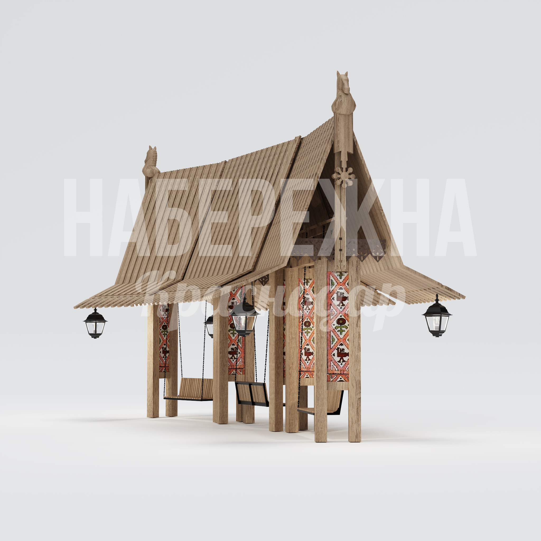 Парклет Yulåb с качелями - купить, 6680x10500x6500 мм, Дерево, Подсветка