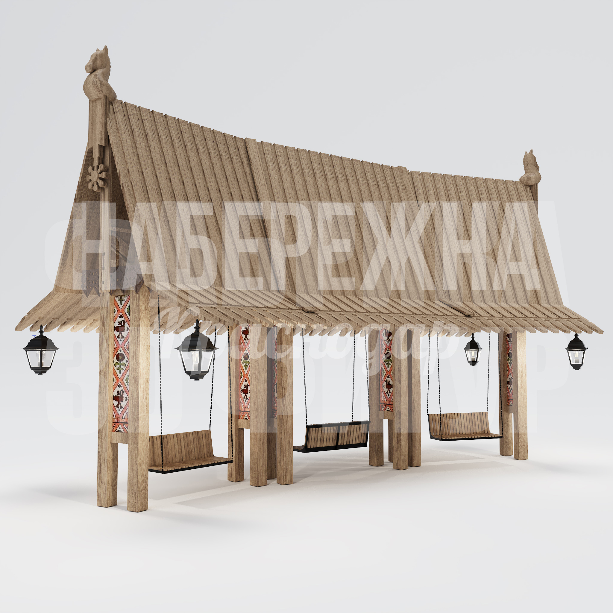 Парклет Yulåb с качелями - заказать, Качели, Дерево, Подсветка