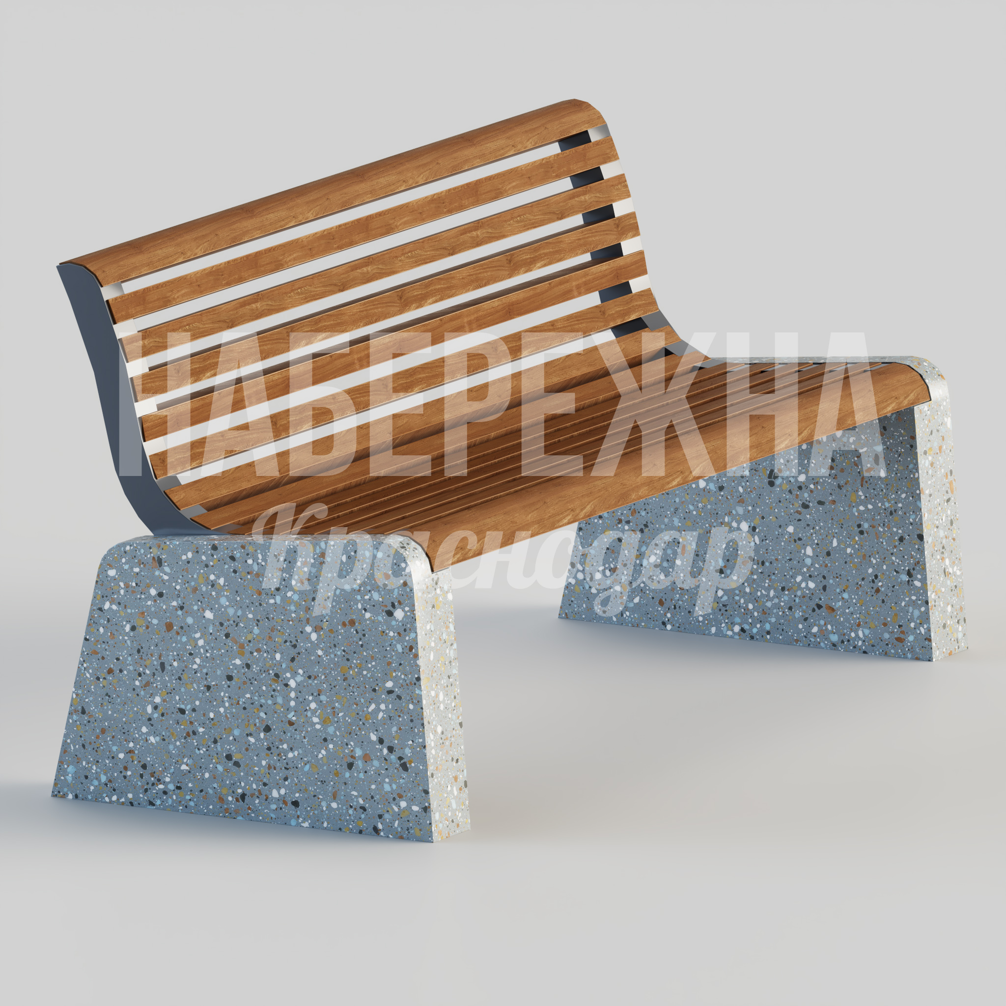 Скамья Asmetmi 680x1600x800 мм. MAF-24.091 Скамья с опорами из мозаичного бетона и спинкой из термообработанного дерева для парков и общественных зон.