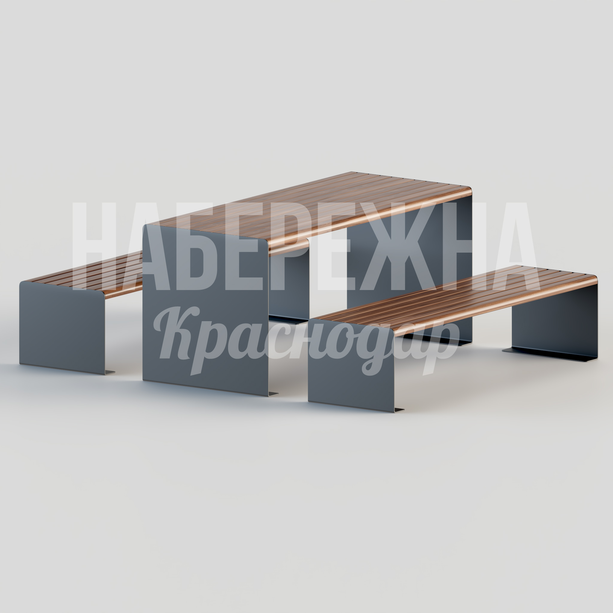 Парковый стол с лавочками Oruo 2170x1700x750 мм. MAF-22.086 Парковый стол со скамьями из порошковой стали и планок ДПК. Комплект для зон отдыха. Вандалостойкий и всесезонный.