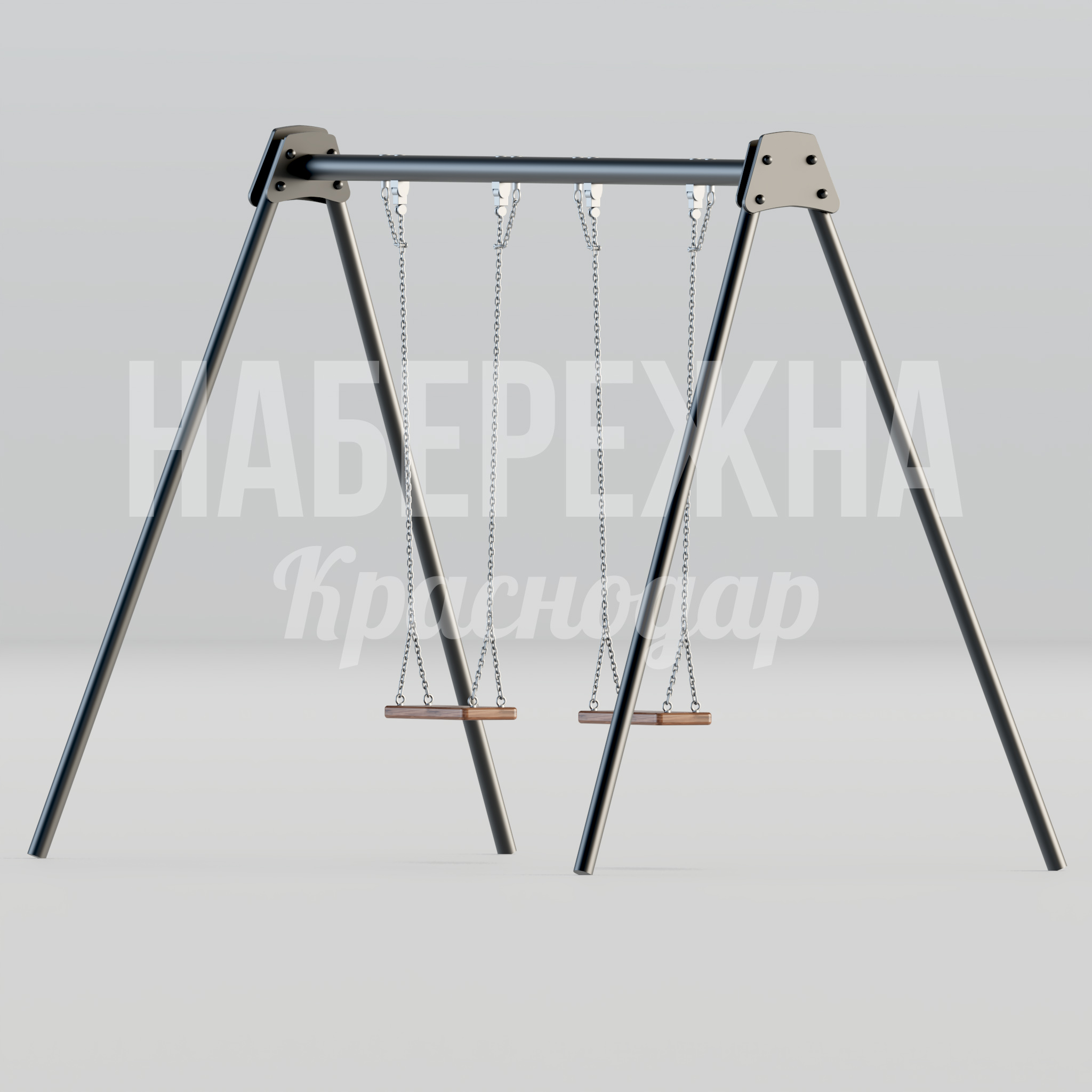Качель Fök 1750x3550x2210 мм. MAF-22.099 Качели с А-образной рамой на 2 места. Цепной подвес с деревянными сиденьями для детских площадок и зон отдыха.