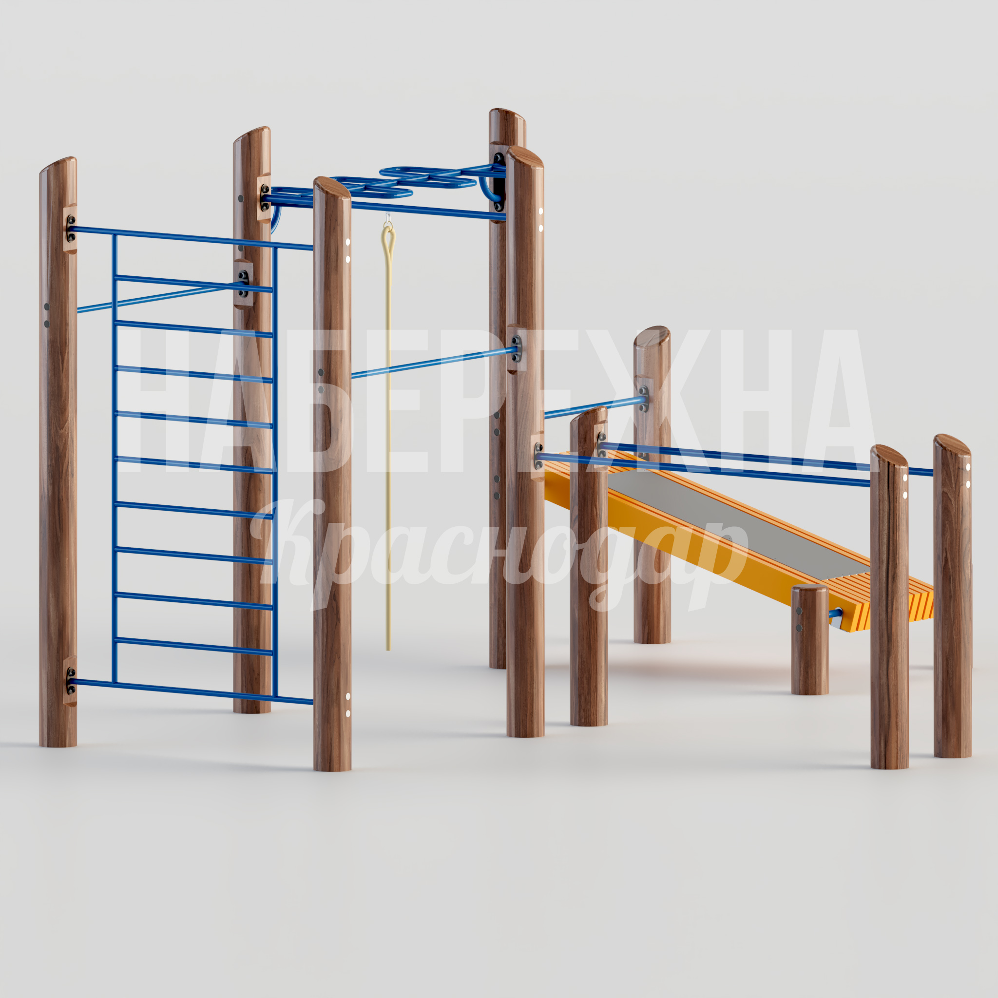 Спортивный комплекс Lesetål 4050x5050x2765 мм. MAF-22.109 Воркаут-комплекс с лестницей, рукоходом и скамьей для жима. Подходит для организации уличных тренировок в парках.