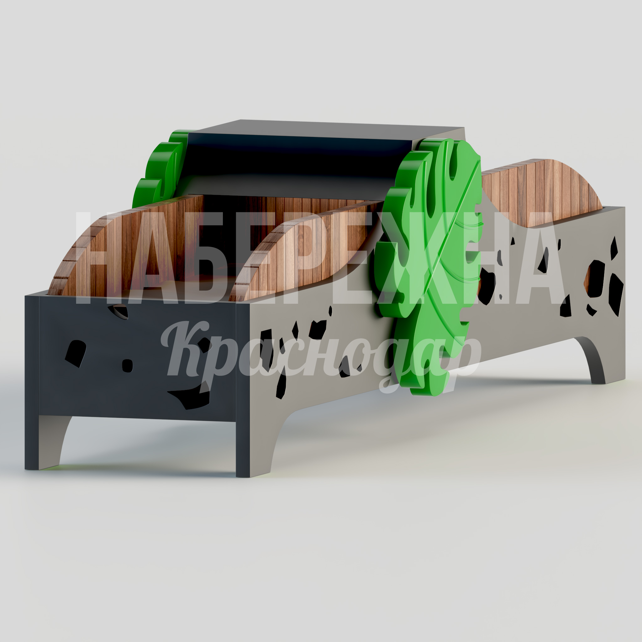 Клумба Ofbo Monstera Plant 700x2600x750 мм. MAF-22.141 Клумба с художественной перфорацией и яркими акцентами. Совмещает зону озеленения со скамейкой для отдыха посетителей.