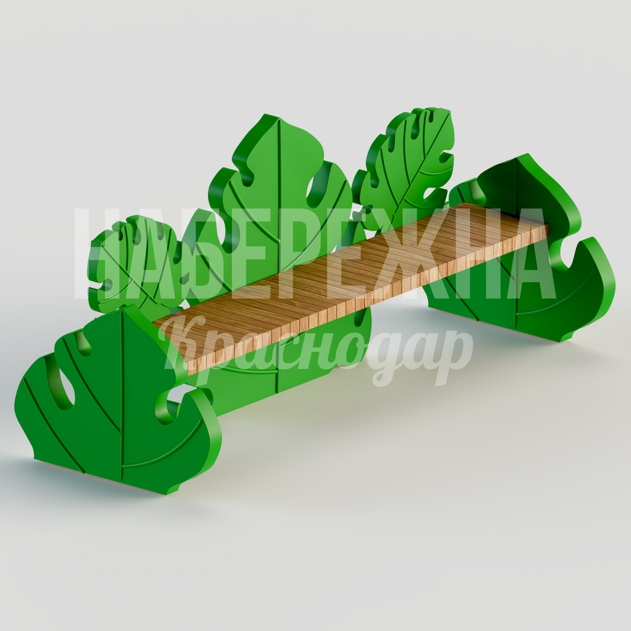 Скамейка Sopso Monstera Plant 1060x2640x1200 мм. MAF-22.158 Скамейка с деревянным сиденьем и декоративными опорами в форме листьев монстеры. Яркое решение для парков.