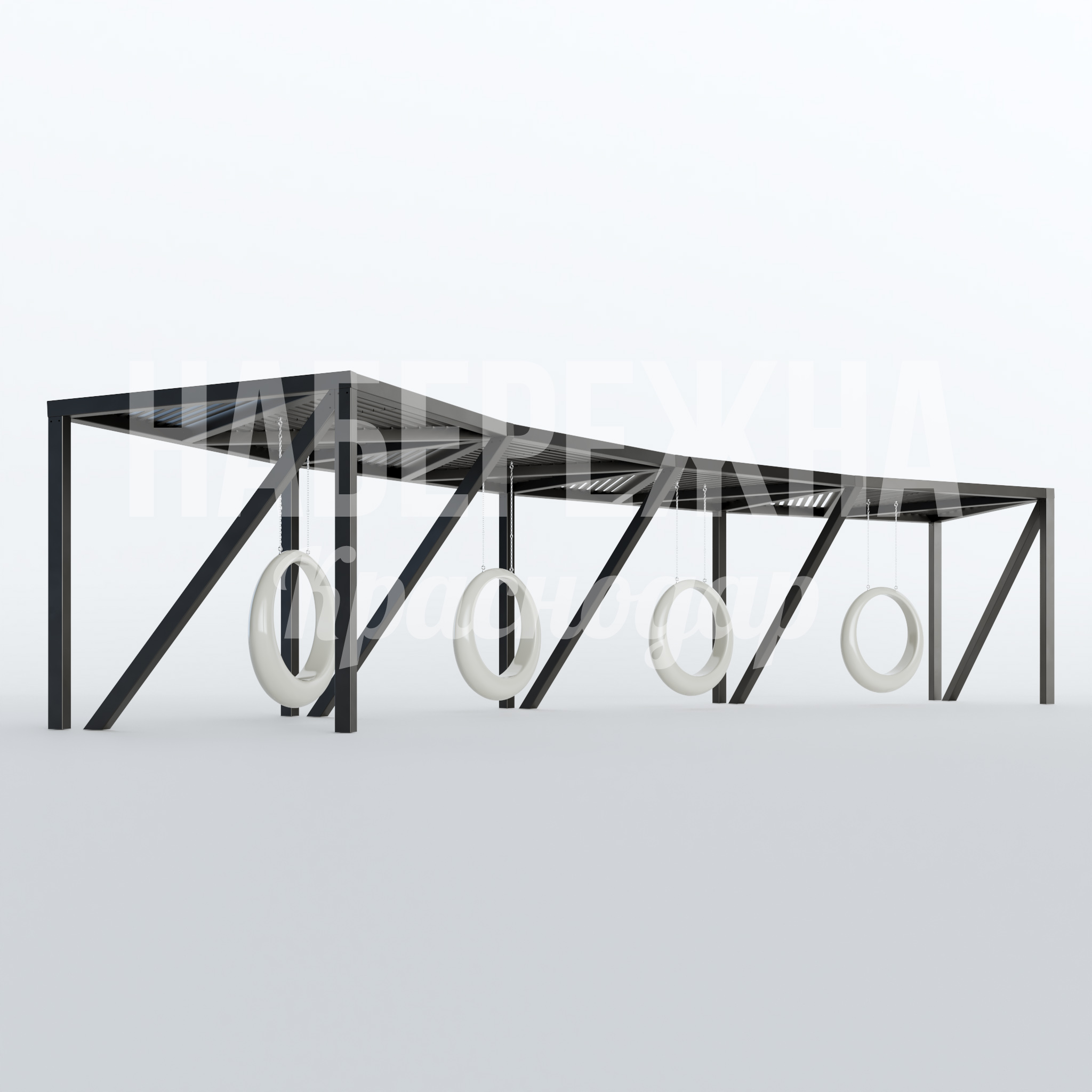 Качели Usli 4600x16100x3100 мм. MAF-22.754-1 Качели на 4 сиденья с металлическим каркасом и перголой. Подходят для парков и общественных зон с высокой нагрузкой.