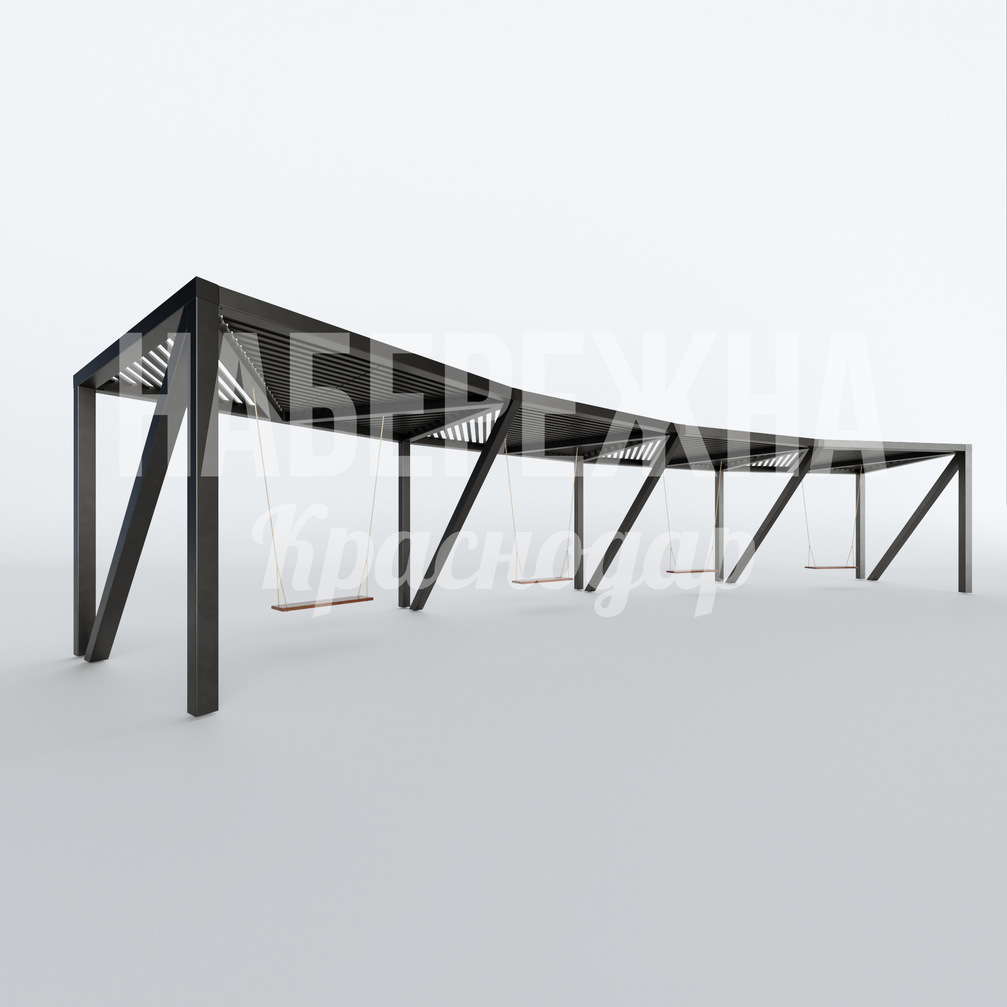 Качели Yömdeiho 4600x16100x3000 мм. MAF-22.754 Качели с каркасом из металлопрофиля и навесом, 4 подвеса, окраска в любой цвет RAL для парков и зон отдыха.