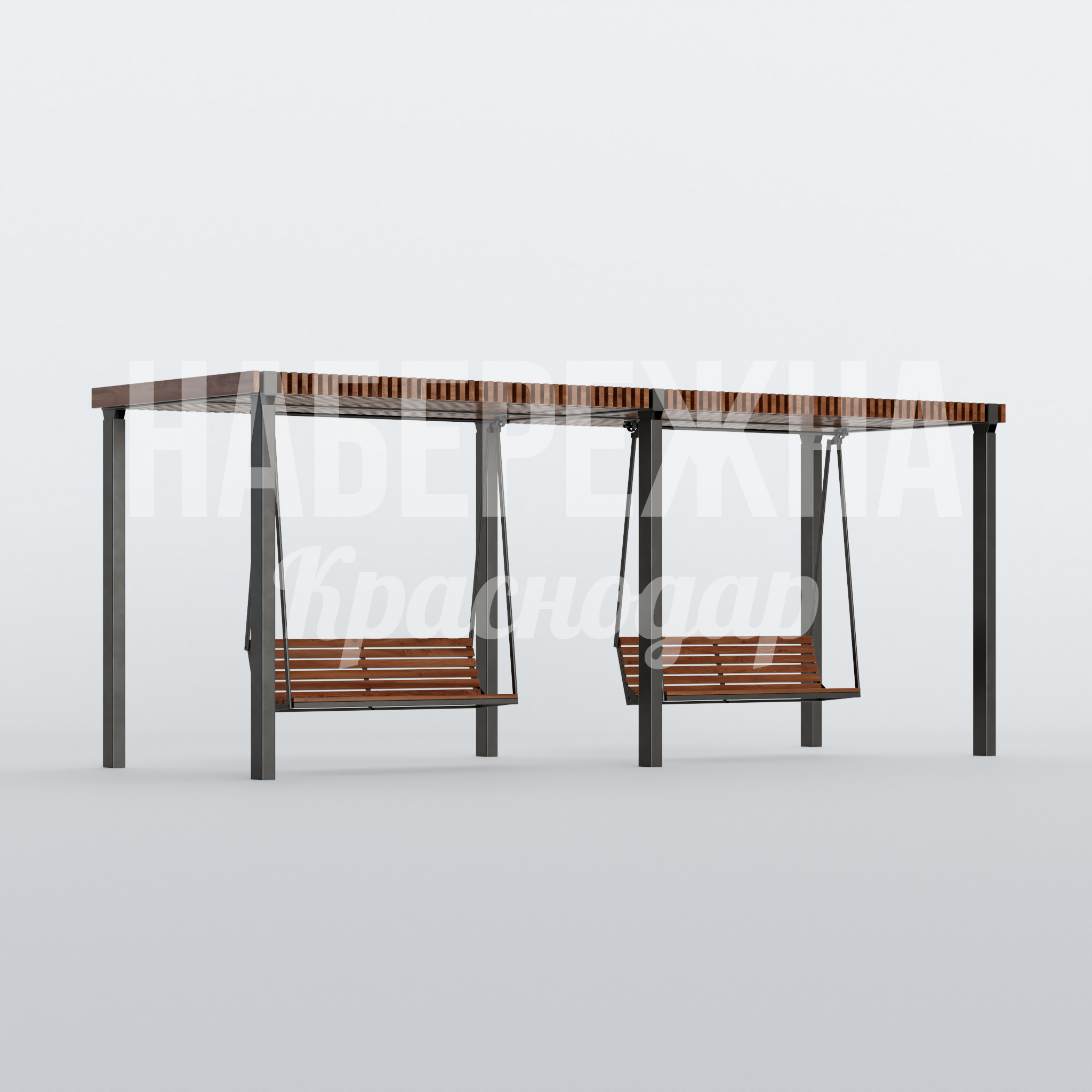 Качели Cågfu 2200x6400x2600 мм. MAF-22.758 Качели-пергола с двумя подвесными сиденьями и защитой от солнца. Устойчивая к нагрузкам конструкция для парков и зон отдыха.