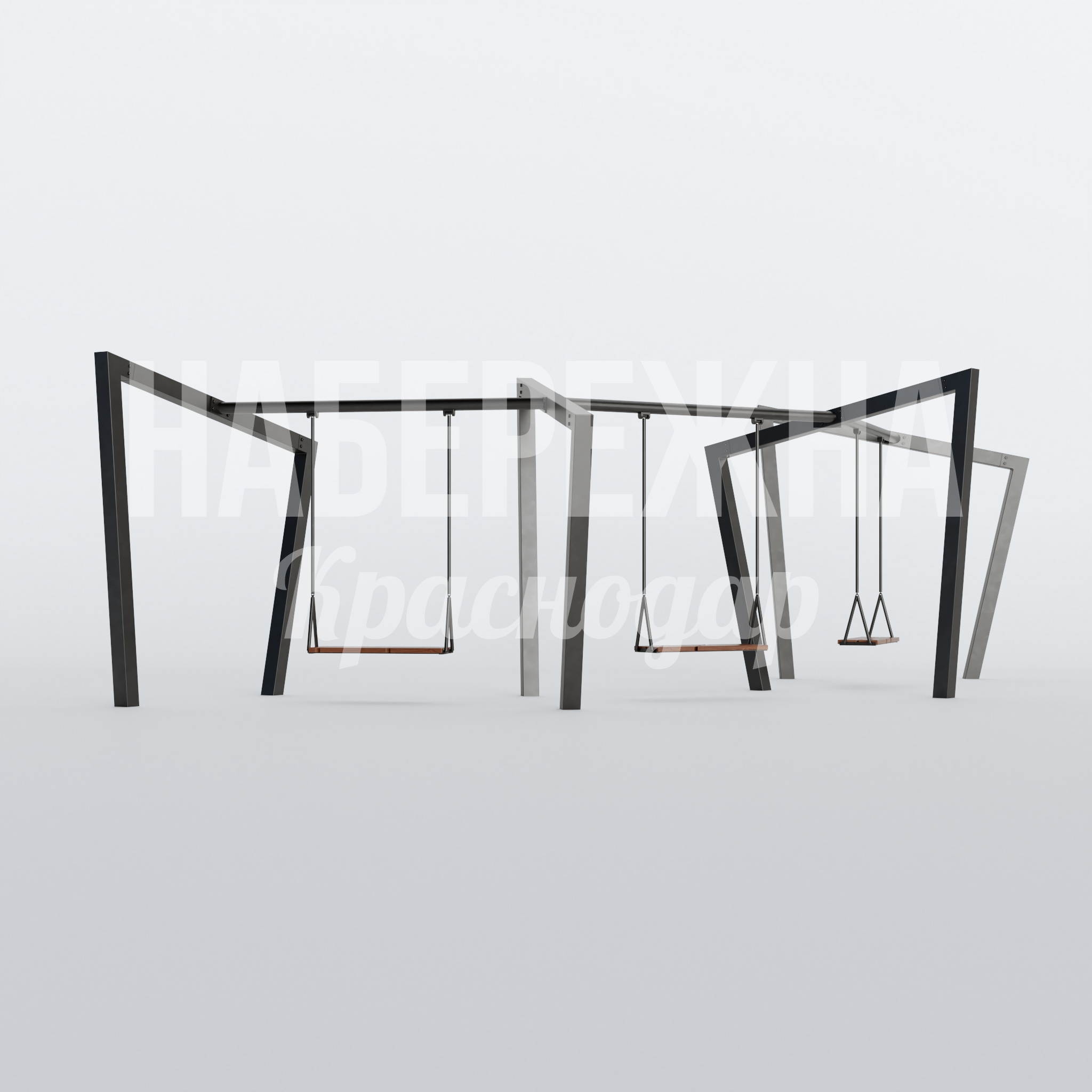 Качели Etfeik 4200x10400x3000 мм. MAF-22.763 Качели на металлическом каркасе с трапециевидными опорами. Модульная конструкция на 3-6 сидений для детских площадок.