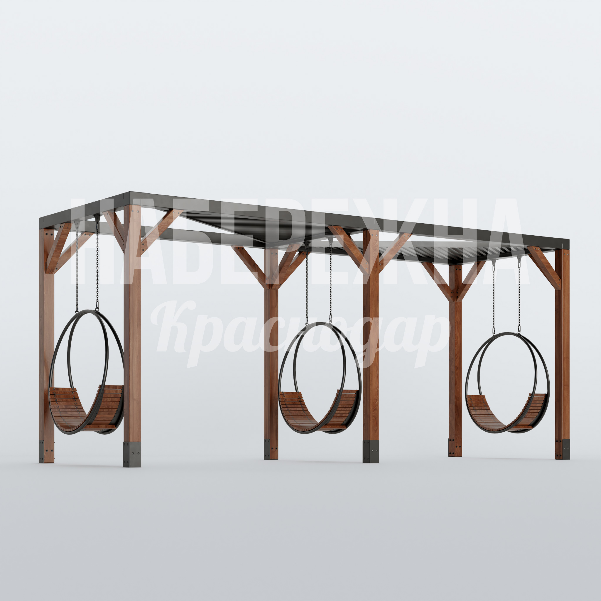 Качели Dejpo 2500x7200x3200 мм. MAF-22.799 Качели с тремя подвесными сиденьями на прочной деревянной раме. Для парков и зон отдыха. Высокая нагрузка.