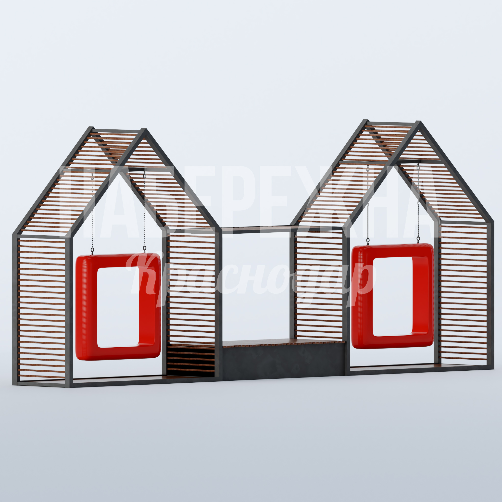 Качели Yötluoh 1250x9000x3870 мм. MAF-22.831 Качели с двумя подвесными сиденьями в архитектурном каркасе-домике. Создают комфортную зону отдыха в любом парке.