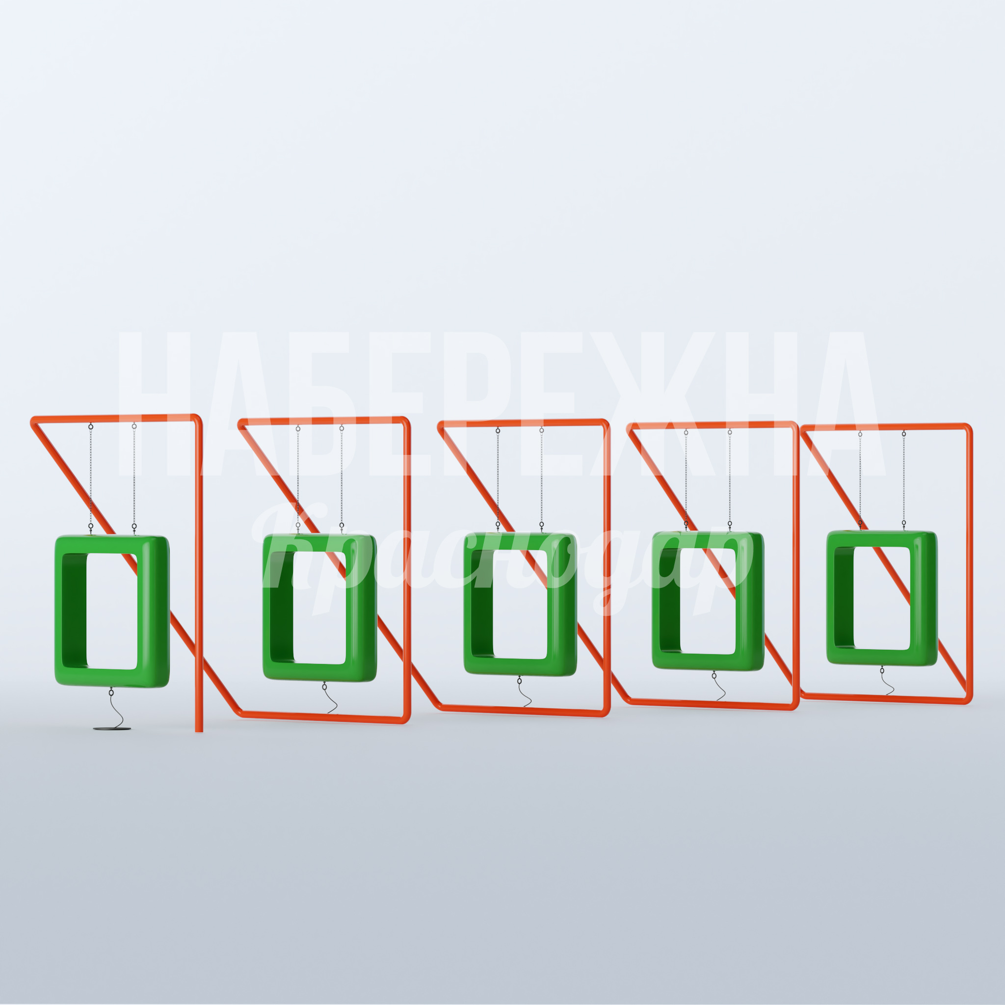 Качели Urhuju 2680x15150x3250 мм. MAF-22.841 Качели на 5 посадочных мест с подвесными сиденьями из стеклопластика. Антивандальная конструкция для активной эксплуатации.