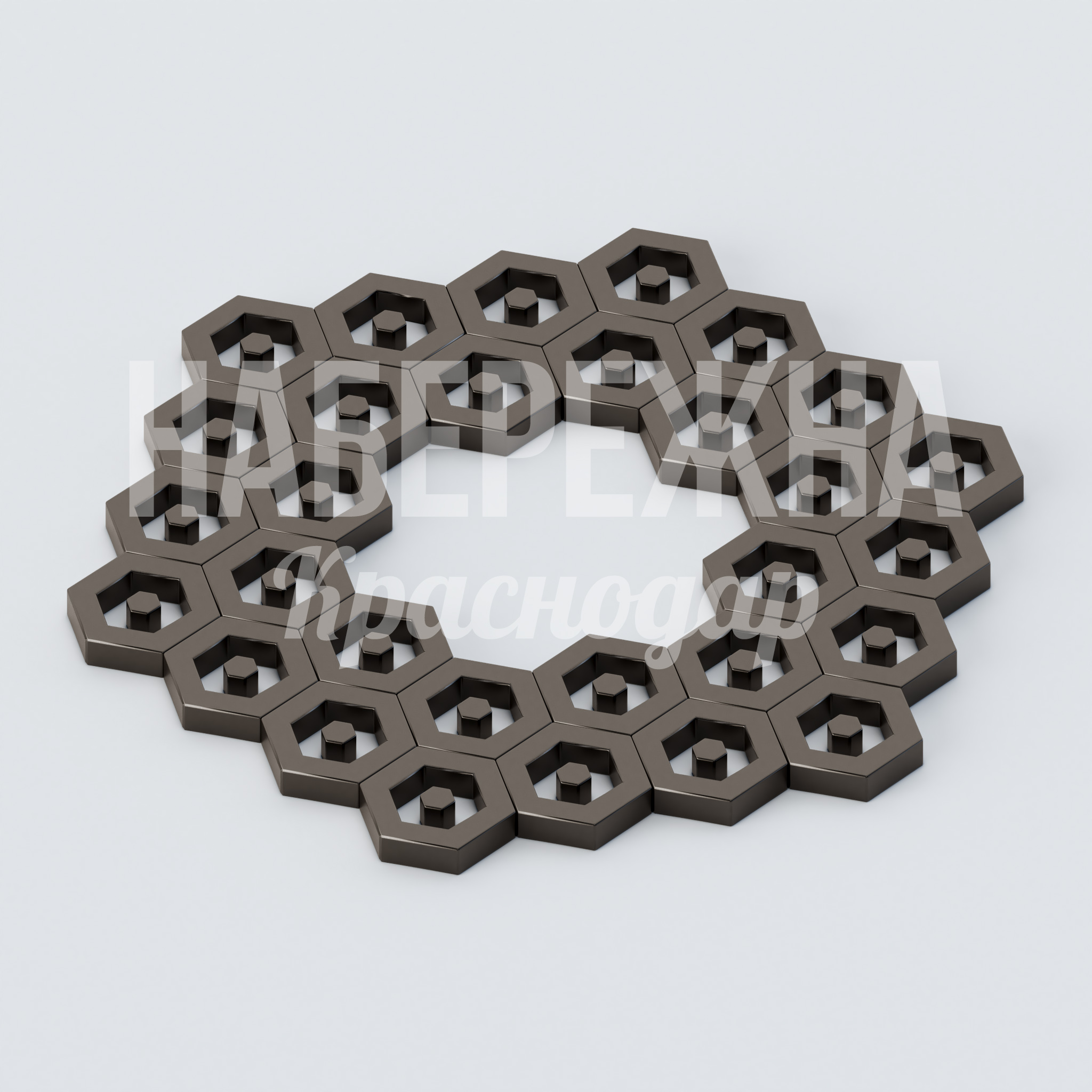 Приствольная решетка Jutvuid 1350x1500x50 мм. MAF-22.843 Приствольная решетка из модульных шестигранников защищает корни деревьев от вытаптывания и обеспечивает вентиляцию почвы.