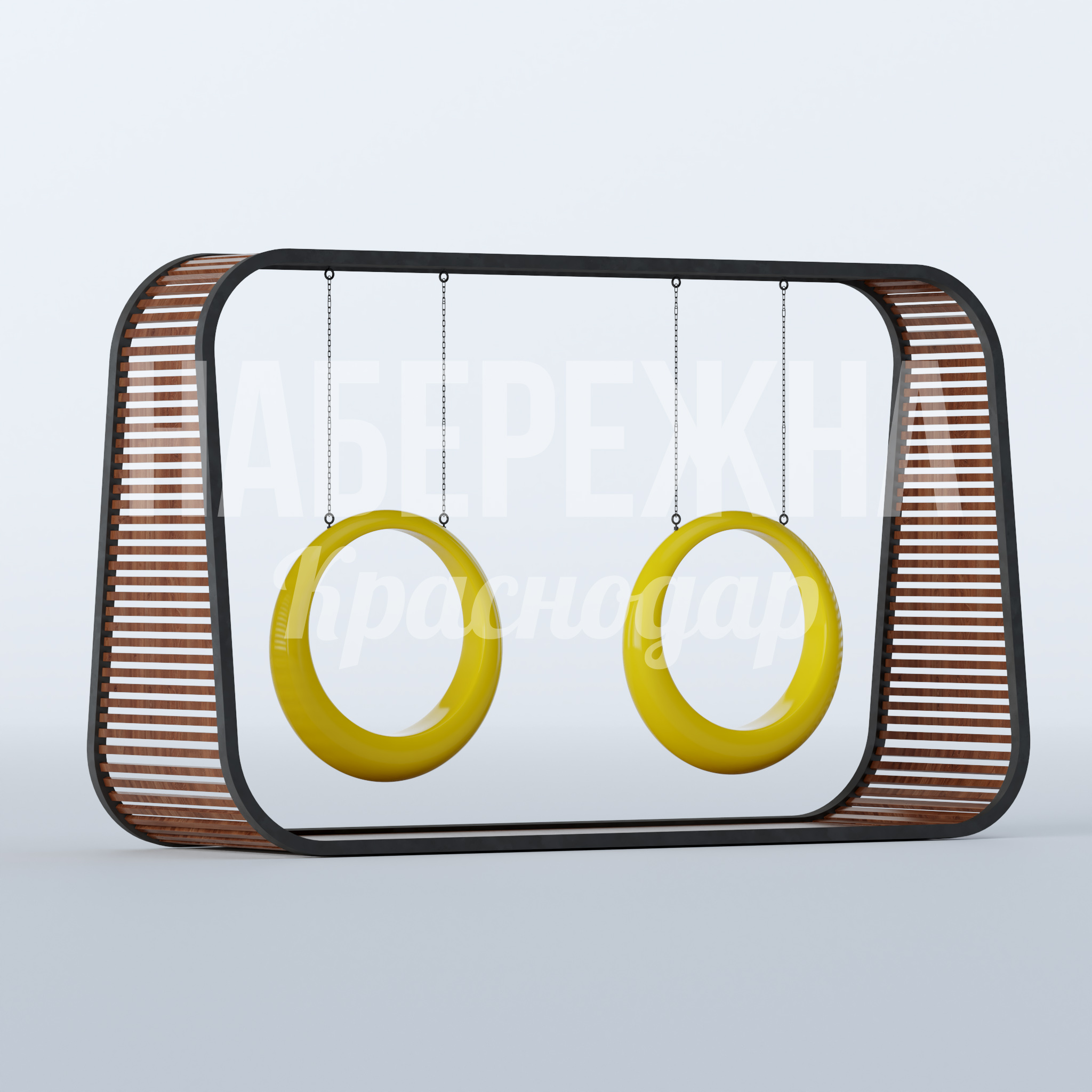 Качели Singi 1600x5580x3370 мм. MAF-22.858 Качели с боковыми панелями из планкена и двумя сиденьями-кольцами на цепях для детских и спортивных площадок.