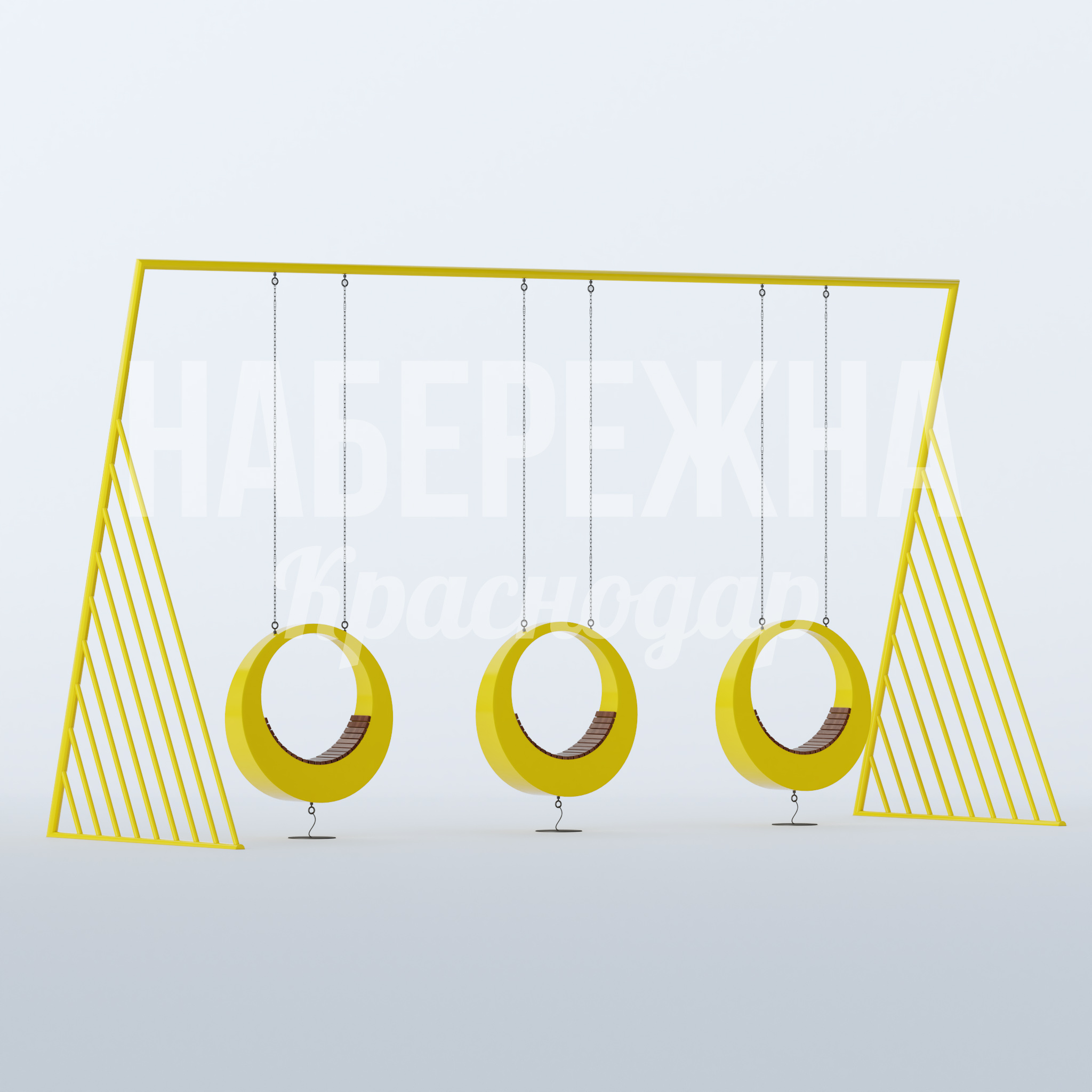 Качели Måhka 3050x8500x4850 мм. MAF-22.860 Качели с тремя круглыми сиденьями из стеклопластика на металлическом каркасе для детских площадок и зон отдыха.