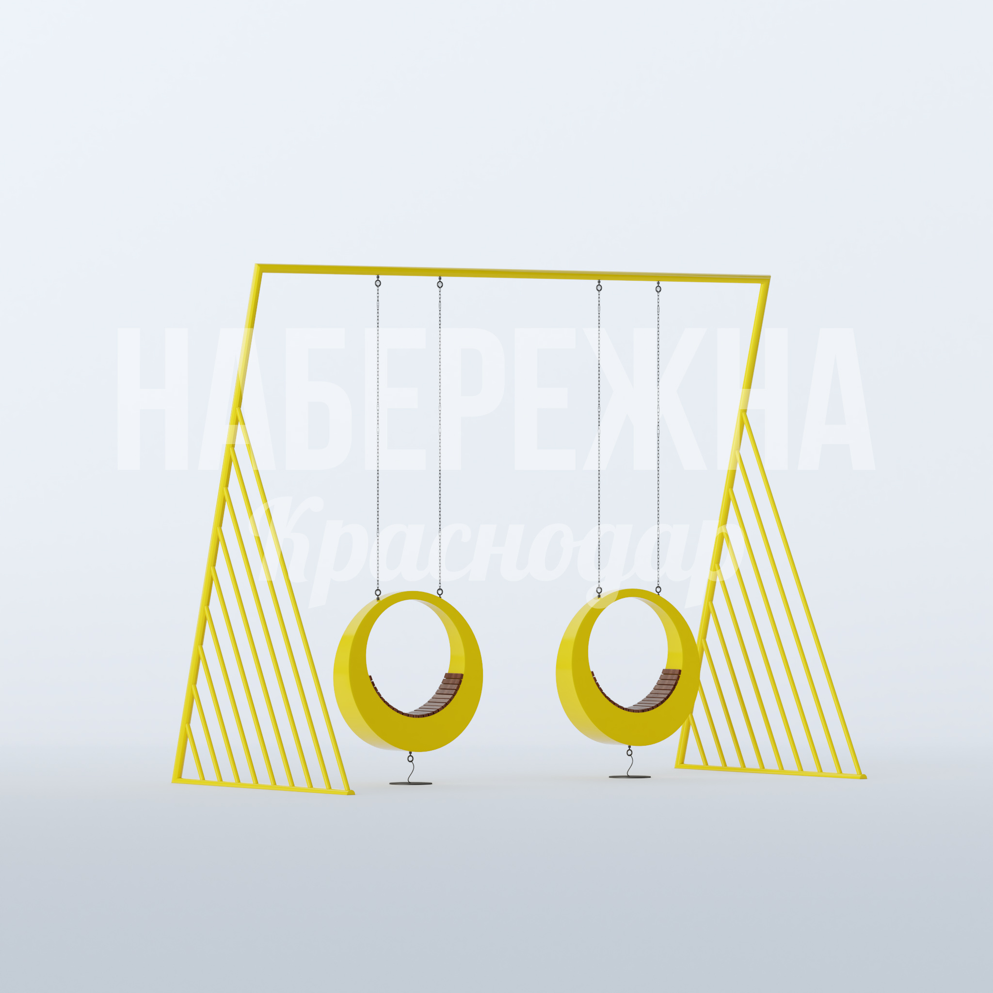 Качели Dusulör 3050x5880x4850 мм. MAF-22.861 Качели с круглыми сиденьями из стеклопластика и деревянными вставками. Устойчивая металлоконструкция на 2 места.