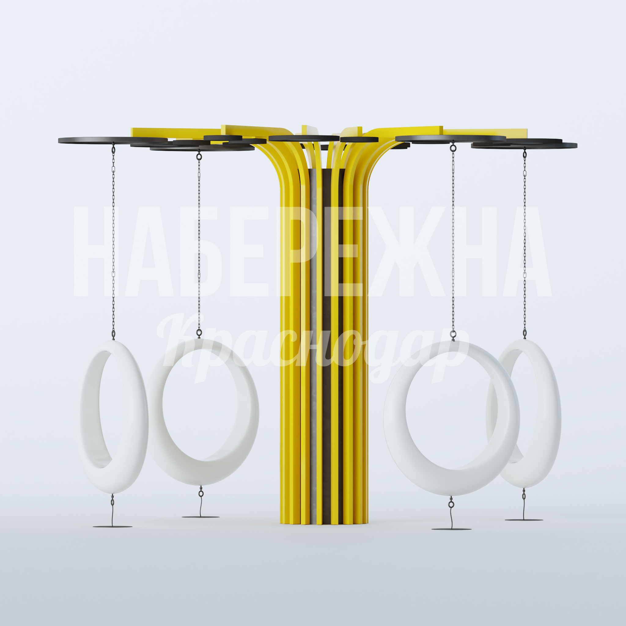 Качели Cakölte 4590x5280x4000 мм. MAF-22.870 Качели на 4 сиденья с центральной опорой. Подвесная конструкция с цепями. Яркий дизайн для детских площадок.