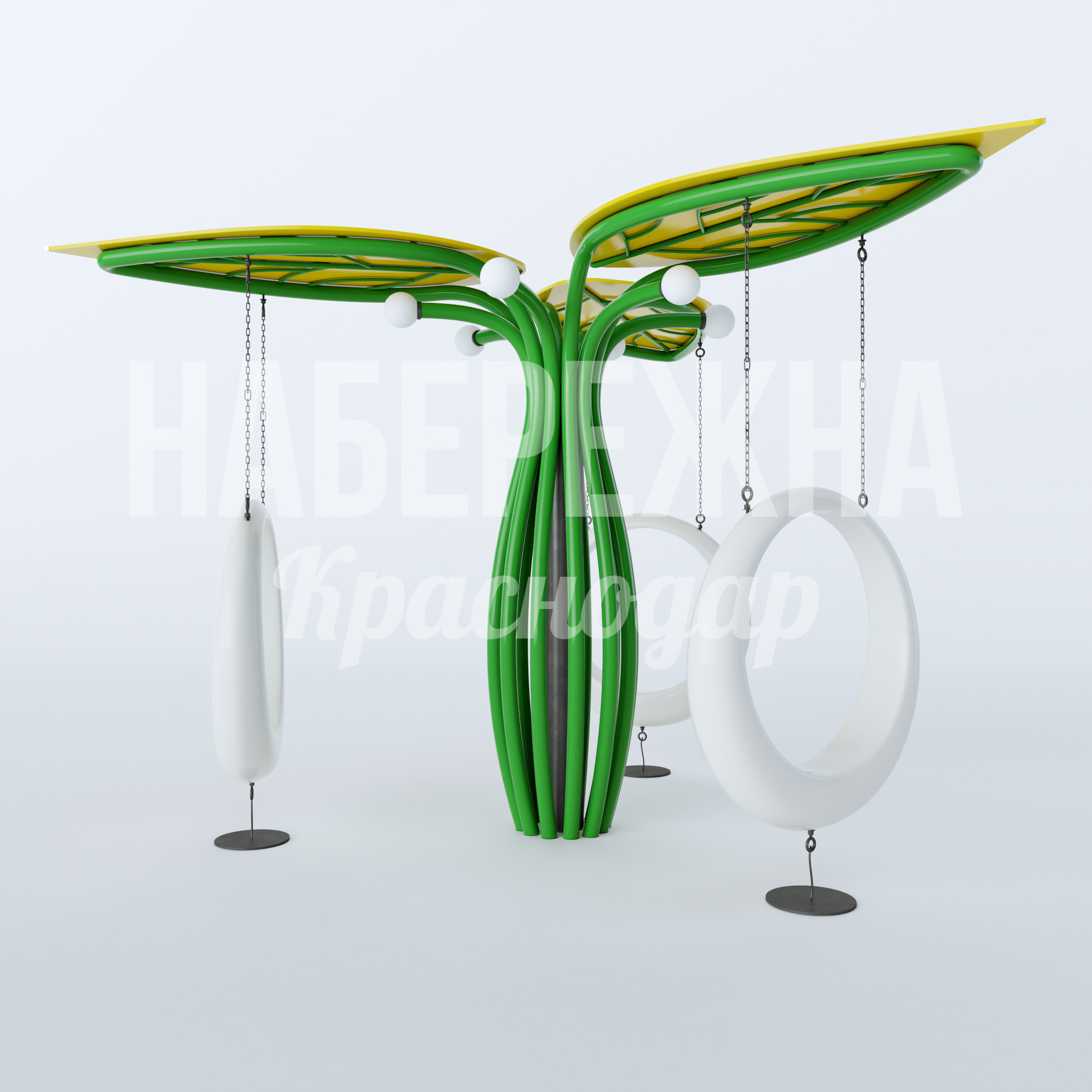 Качели Yisgon 4360x4900x3235 мм. MAF-22.871 Качели с подвесными сиденьями под навесом-козырьком, встроенной подсветкой для зон отдыха и детских площадок.