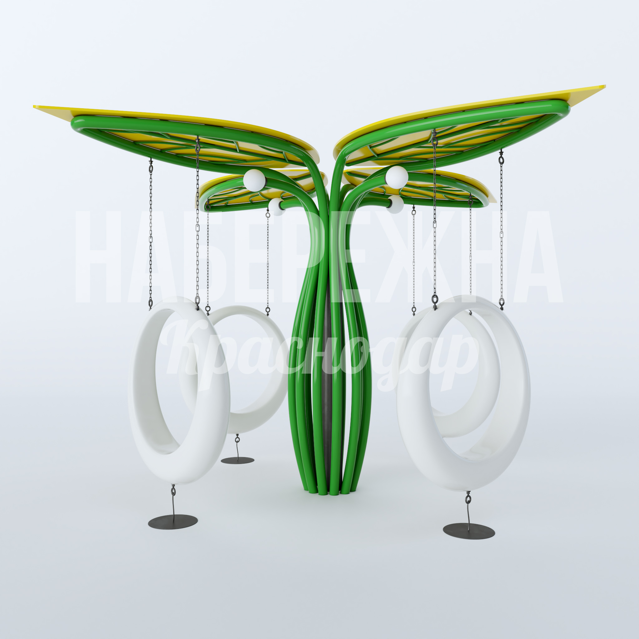 Качели Nee 5600x5600x3200 мм. MAF-22.872 Качели с навесом в форме листьев. Подвесные сиденья на цепях. Встроенная подсветка. Для парков и зон отдыха.