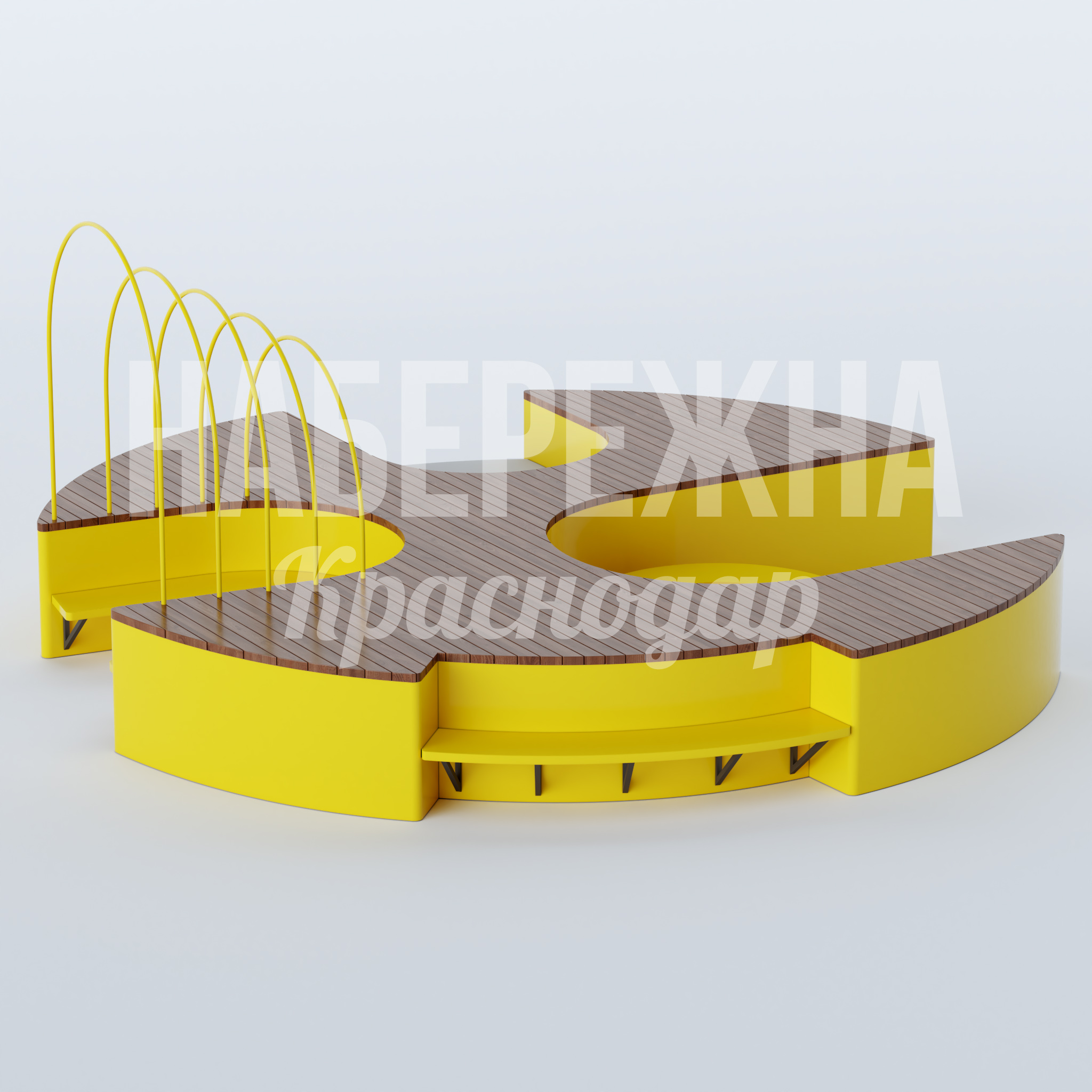 Модуль Coefhi — купить, MAF-22.880 | Набережна Модуль Coefhi 6500x6180x2850 мм. MAF-22.880 Модульная зона отдыха с арочными водными элементами, древесным настилом и встроенными скамейками для парков.