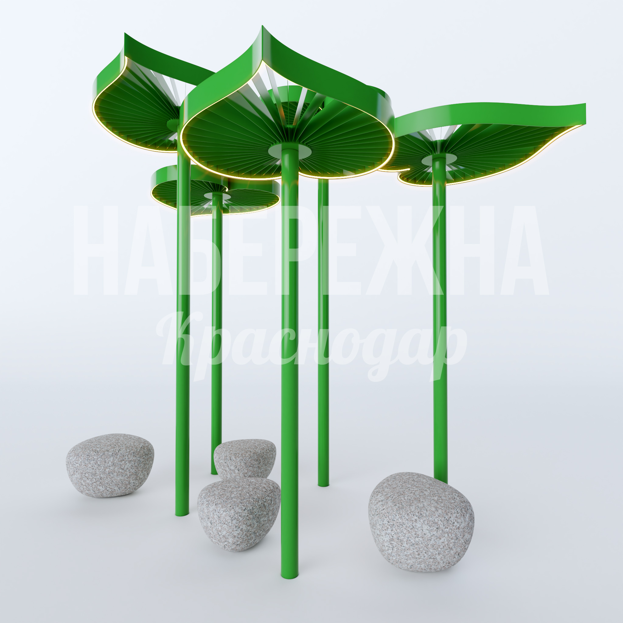 Пергола Botsodoo 4000x3800x3900 мм. MAF-22.882 Пергола с навесами в форме листьев и встроенной подсветкой. Создаёт тенистую зону отдыха в парках и скверах.