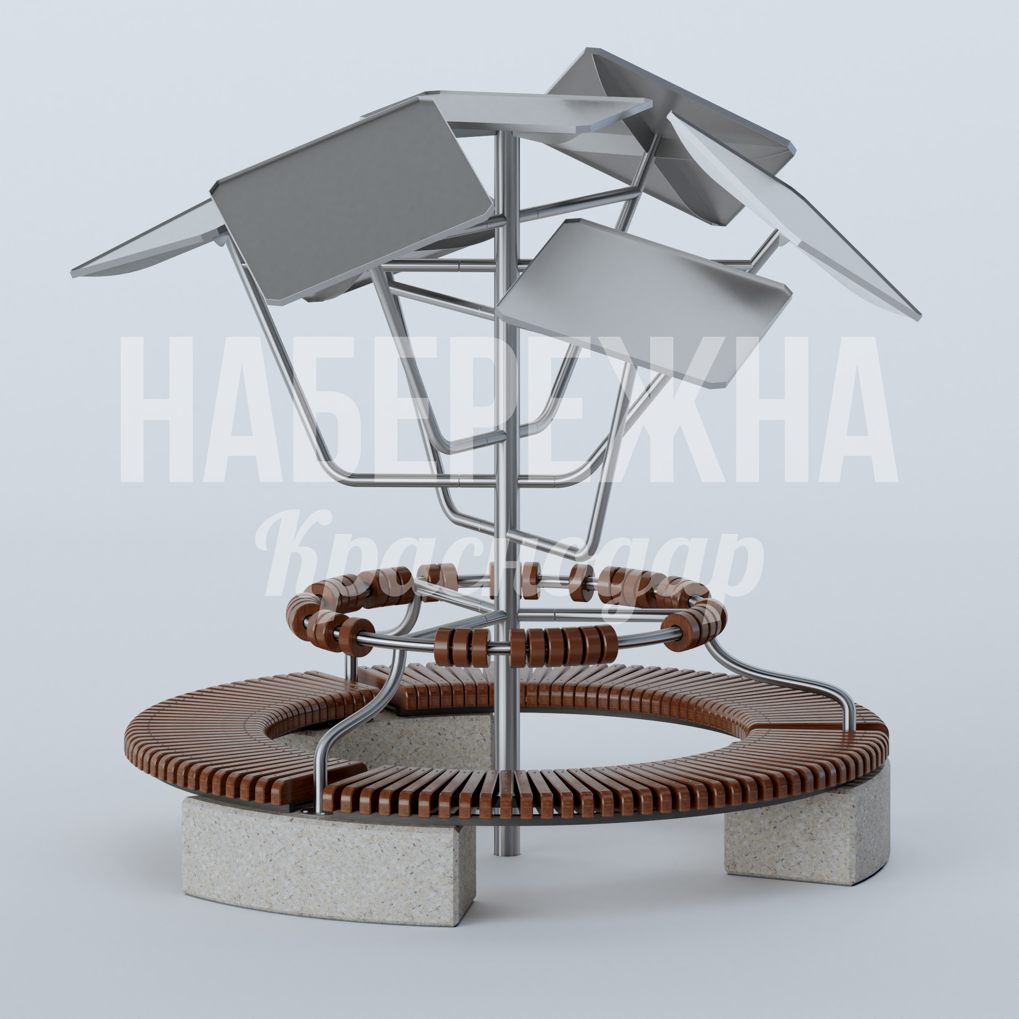 Скамейка Rirca 3200x3500x3300 мм. MAF-23.138 Круговая скамейка с навесом и столиками. Комбинированная конструкция для зон отдыха. Защита от осадков.