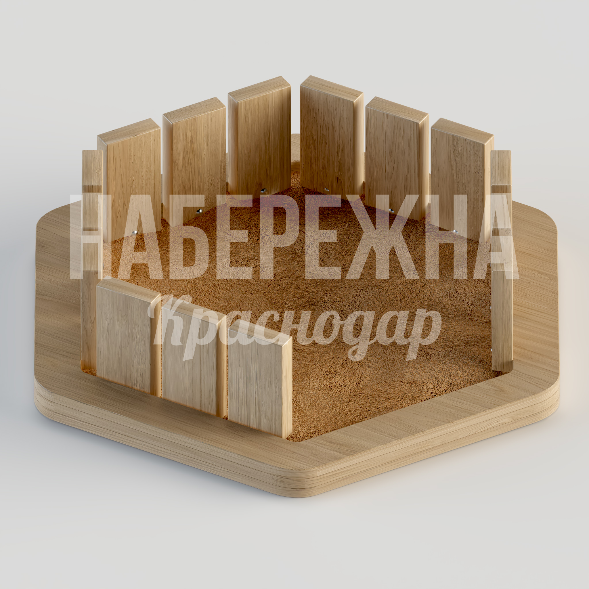 Песочница Ecöej 3680x4150x920 мм. MAF-23.171 Песочница с вертикальными панелями-ограждением, вместимостью до 15 детей, для организации игровых зон в парках и ЖК.