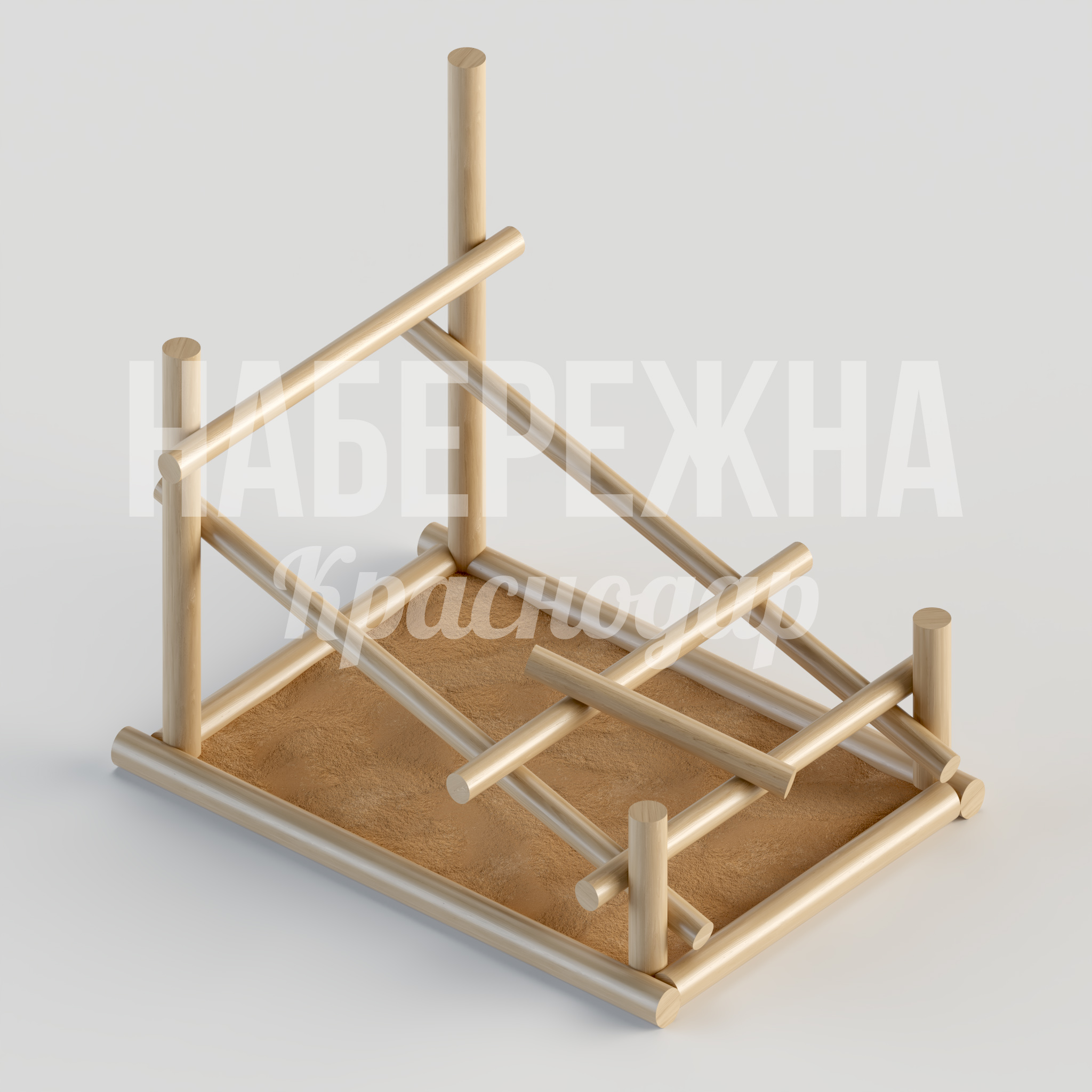 Песочница Beni 3000x3880x3050 мм. MAF-23.174 Песочница с деревянным каркасом и встроенной системой лазания. Развивает моторику детей, долговечна.