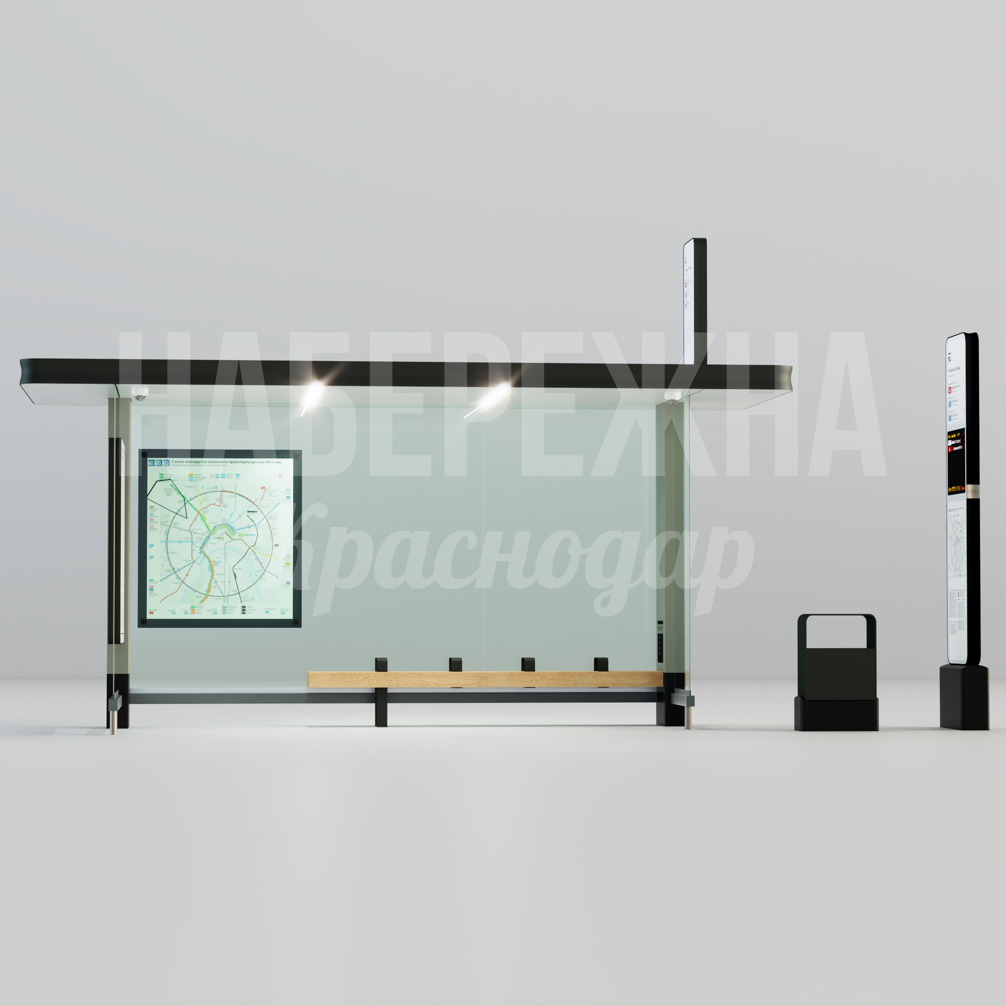 Остановка Yåt с урной и стендом - купить, 2650x8775x4480 мм, Металл, Дерево, Подсветка, Стеклопластик