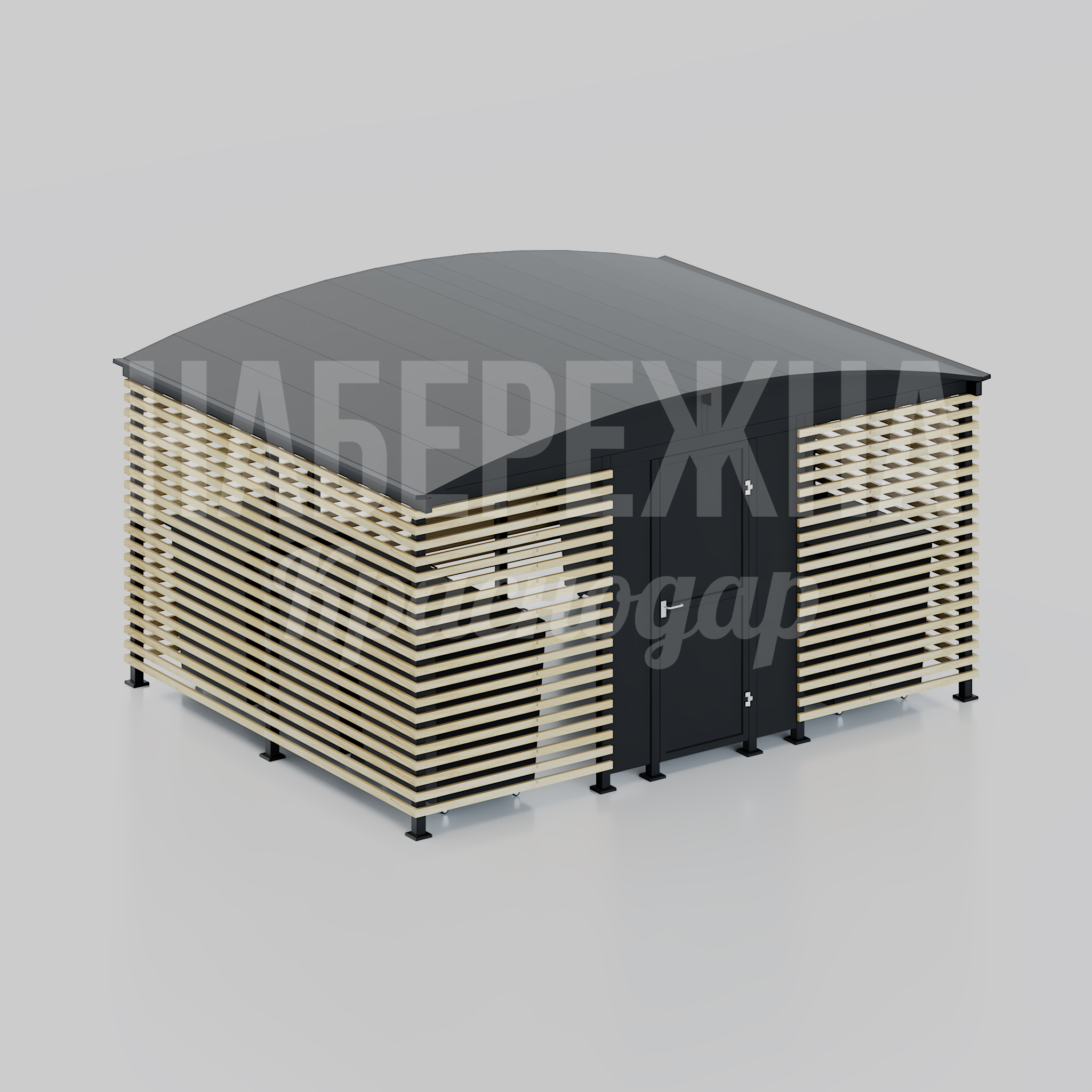 Контейнерная площадка Luicvo 3770x4700x2500 мм. MAF-25.270 Контейнерная площадка с деревянной обшивкой и защитным навесом. Скрывает мусорные баки, сохраняет эстетику территории.