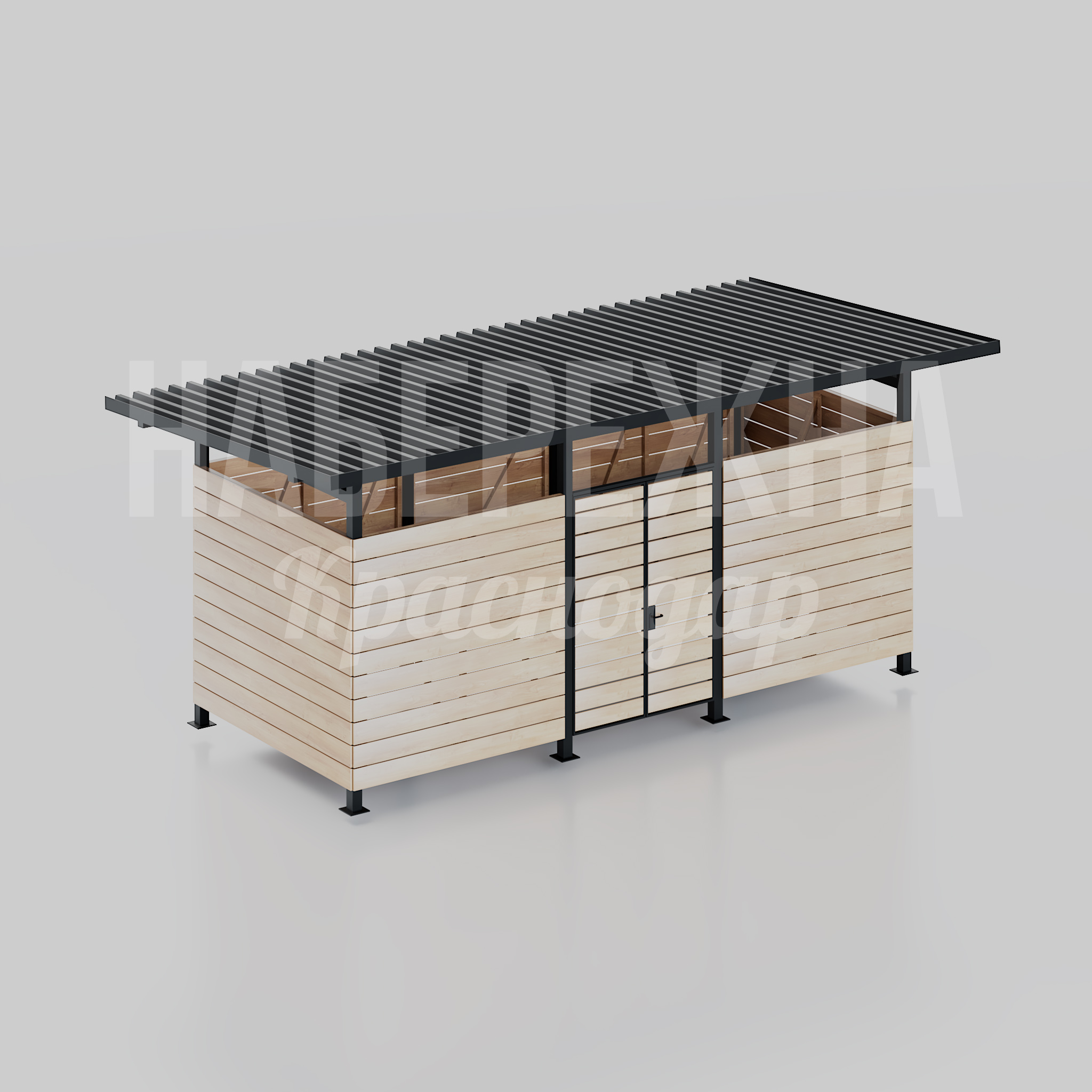 Контейнерная площадка Gejked 3900x7500x3200 мм. MAF-25.272 Контейнерная площадка с ламельной крышей и деревянной обшивкой. Защита от осадков, запирающаяся дверь, долговечность.