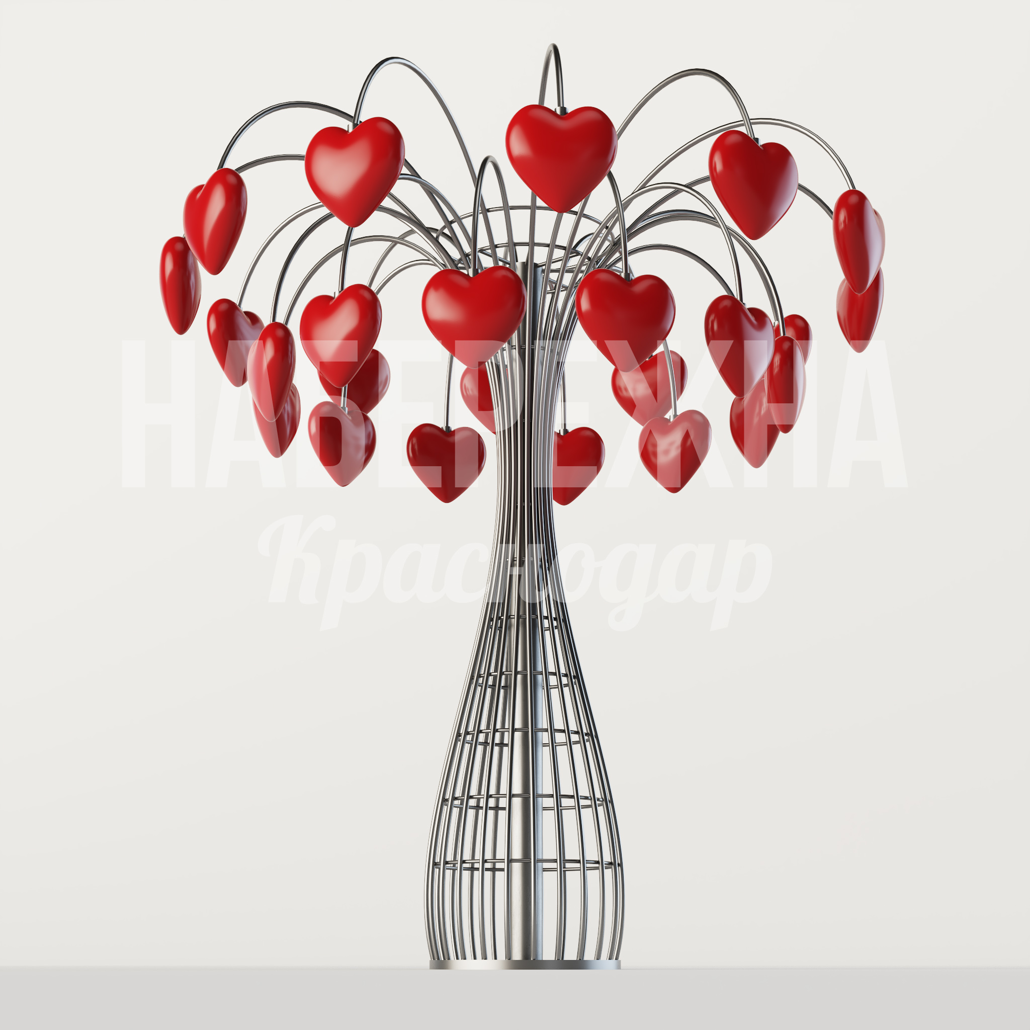 Арт-объект дерево любви Dorsu 4480x4480x3580 мм. MAF-25.012 Арт-объект в форме дерева с сердцами на гибких элементах. Притягивает внимание посетителей парков и площадей.