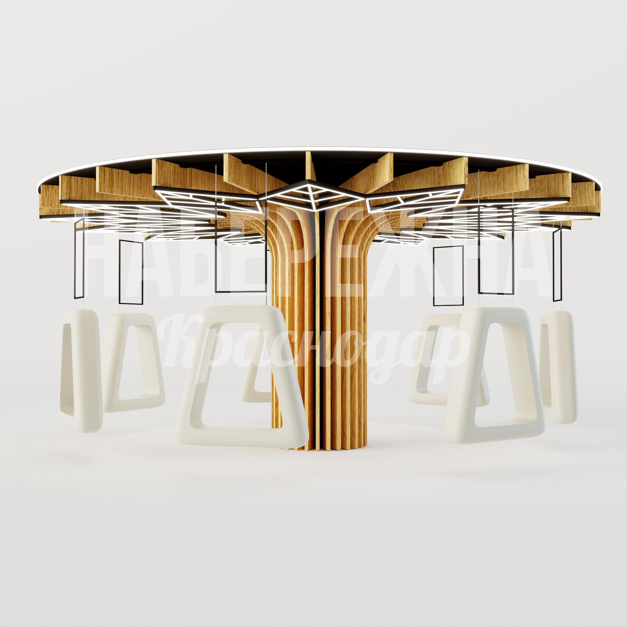 Навес с качелями Tuyilece 11200x11200x3650 мм. MAF-25.036 Навес с качелями из клееного бруса и металла. Круговая конструкция диаметром 11 м для зон отдыха и парков.