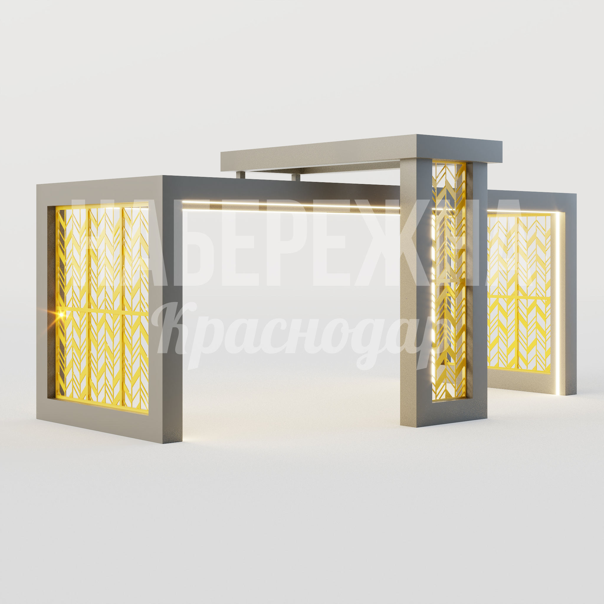 Навес Obpisga 4150x8000x3800 мм. MAF-25.040 Навес с декоративными панелями и встроенной подсветкой. Защищает от осадков, создаёт комфортную зону отдыха.