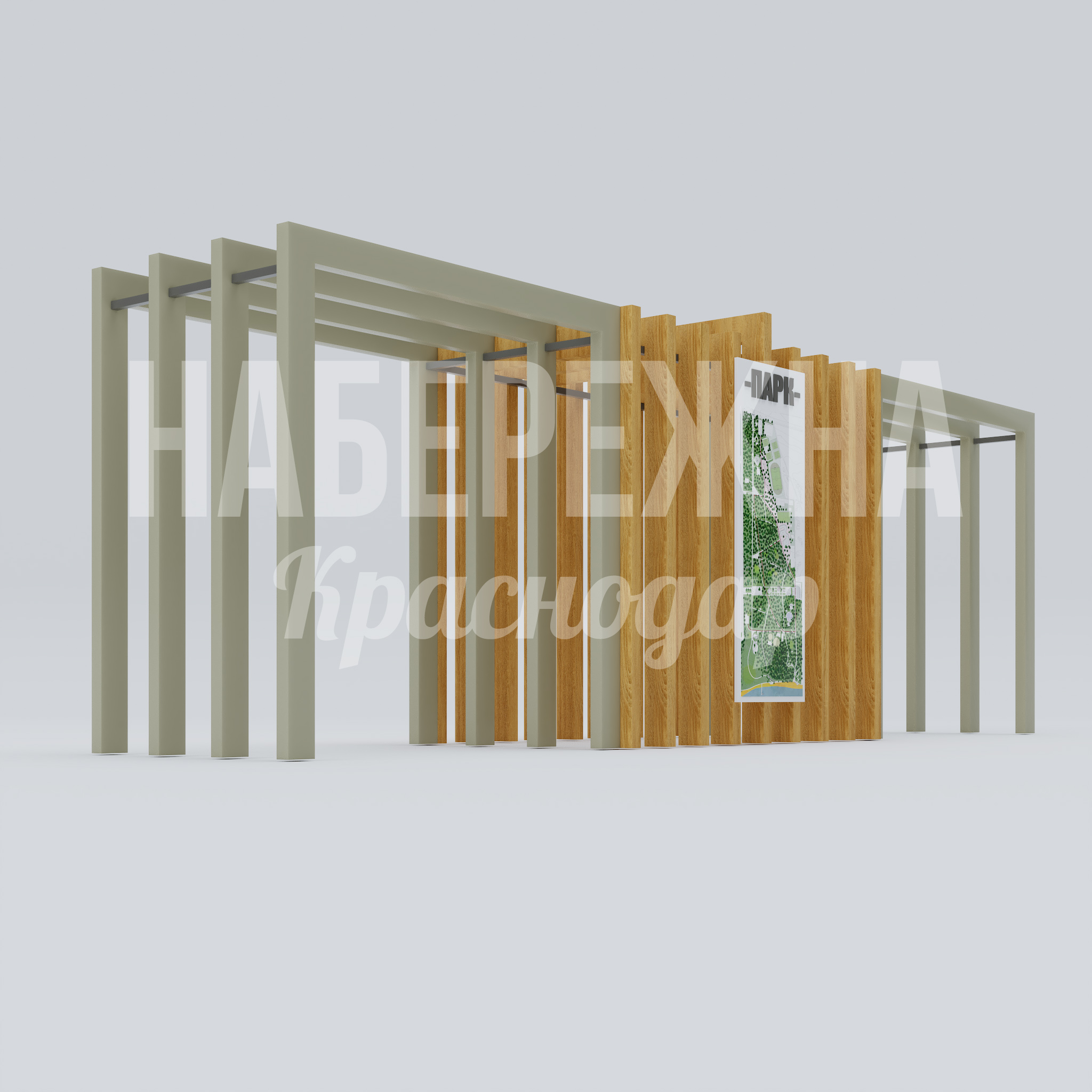 Входная группа Fåkadutu 2050x9300x3200 мм. MAF-25.043 Входная группа с перголой из стальных опор и деревянных реек. Создаёт привлекательную зону входа для парков.