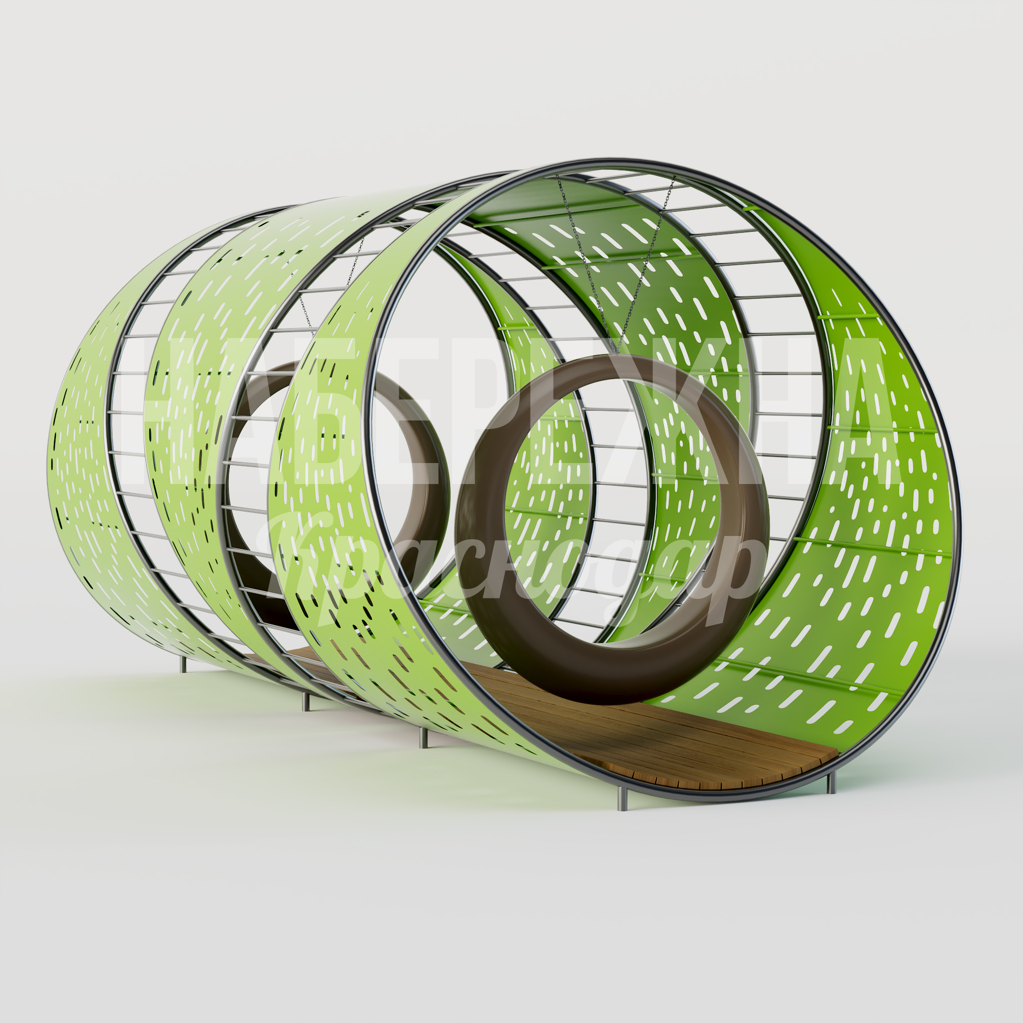 Качели Nokbe 2850x5500x2700 мм. MAF-25.048-4 Качели из металла и дерева с перфорированным навесом для защиты от солнца в парках и зонах отдыха.