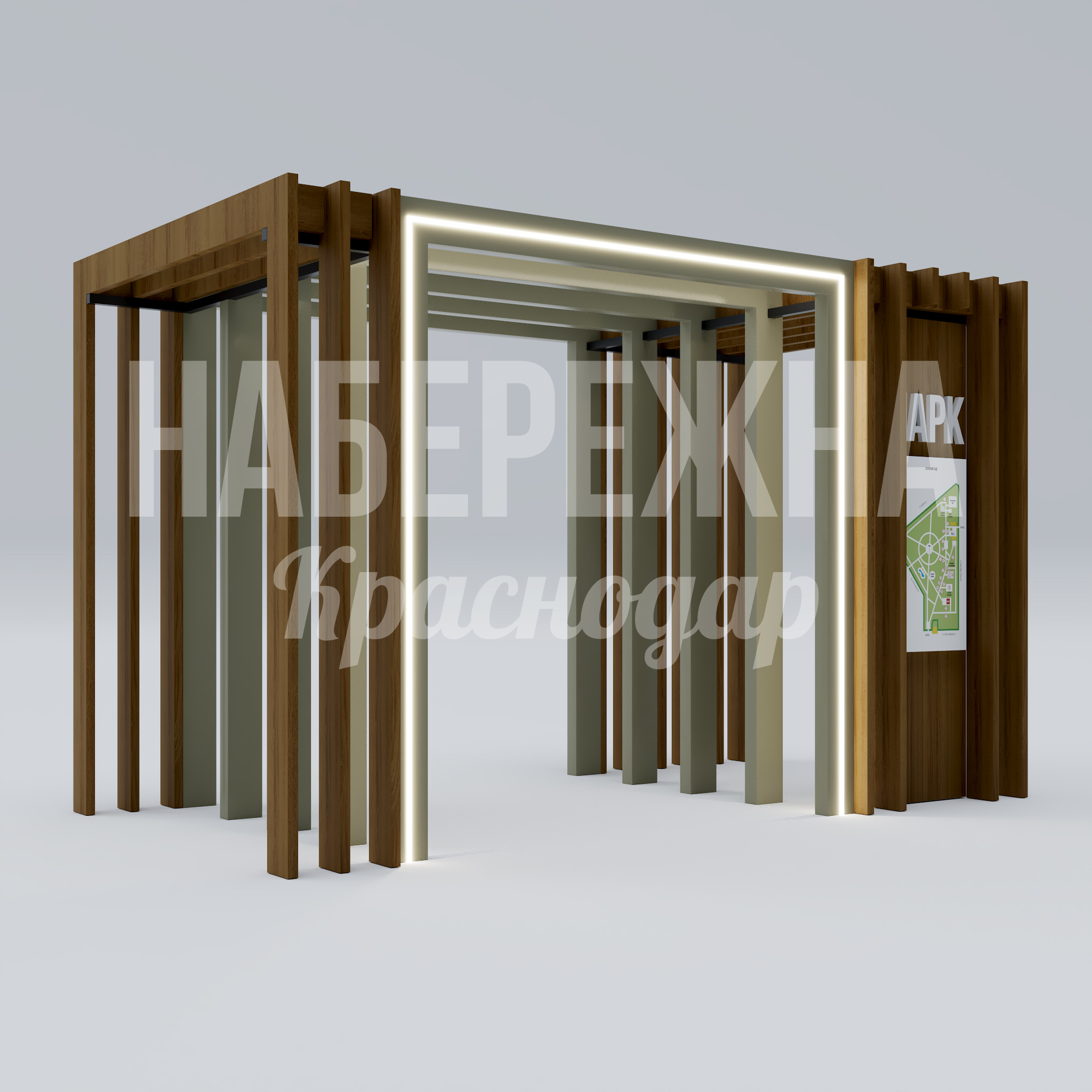 Входная группа Seaja 2600x4750x3000 мм. MAF-25.053 Входная группа с деревянными панелями и интегрированной подсветкой для создания запоминающейся точки входа в парках.