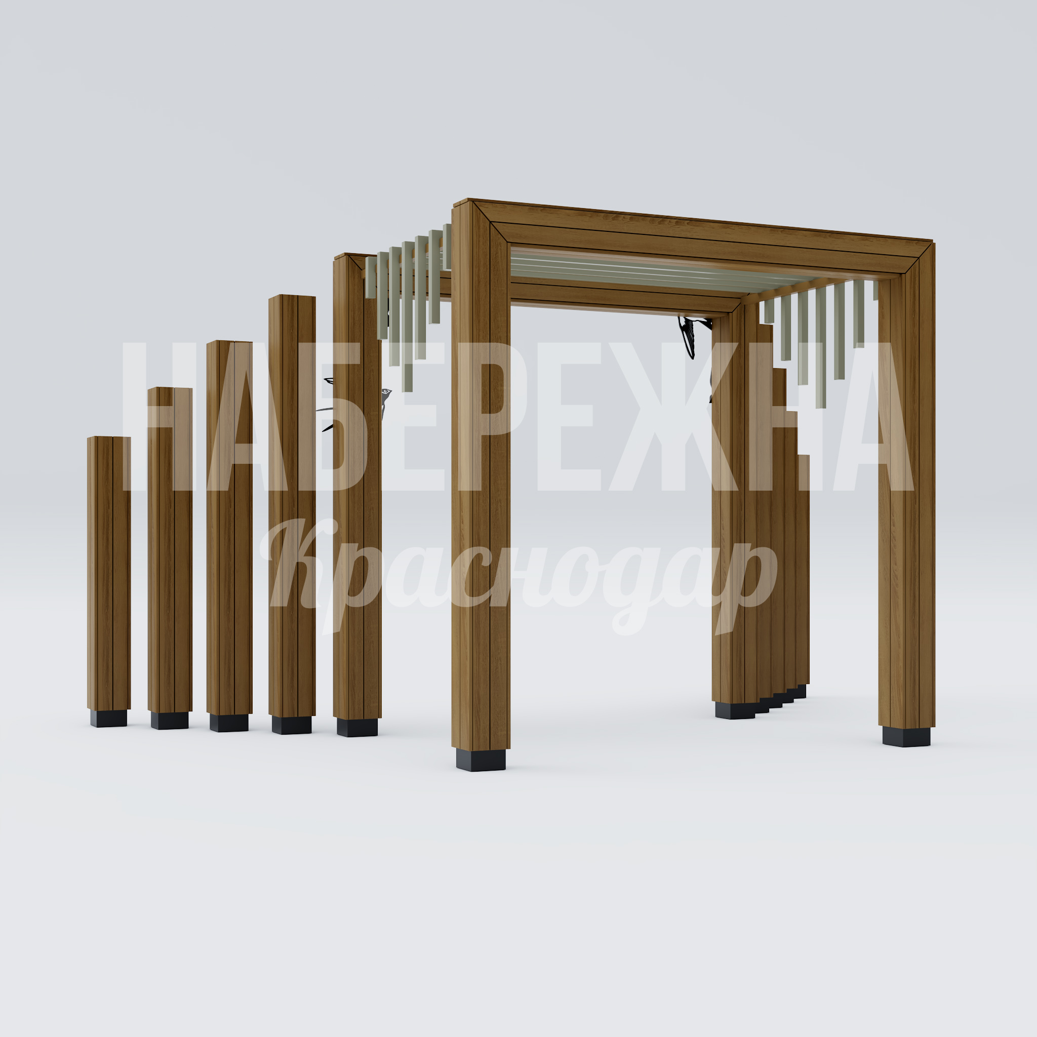 Входная группа Bömdo 3500x5550x3000 мм. MAF-25.054 Входная группа с архитектурной конструкцией из брусьев и навесом. Создаёт узнаваемую точку входа в парках и зонах отдыха.