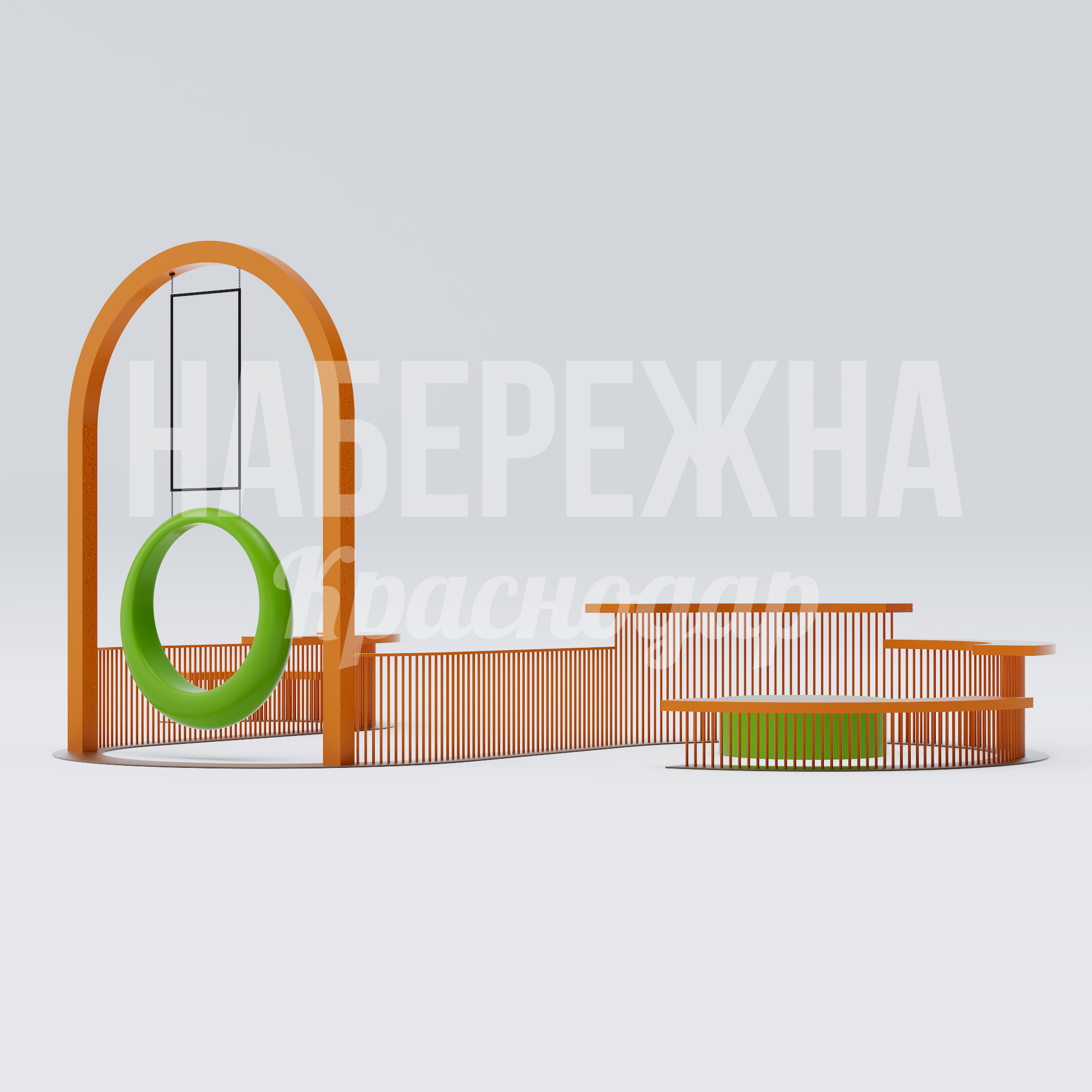 Качели с посадочными местами Ducju 11300x11000x3600 мм. MAF-25.056 Качели с зонами отдыха и игровыми элементами для благоустройства парков. Многофункциональный комплекс для всей семьи.