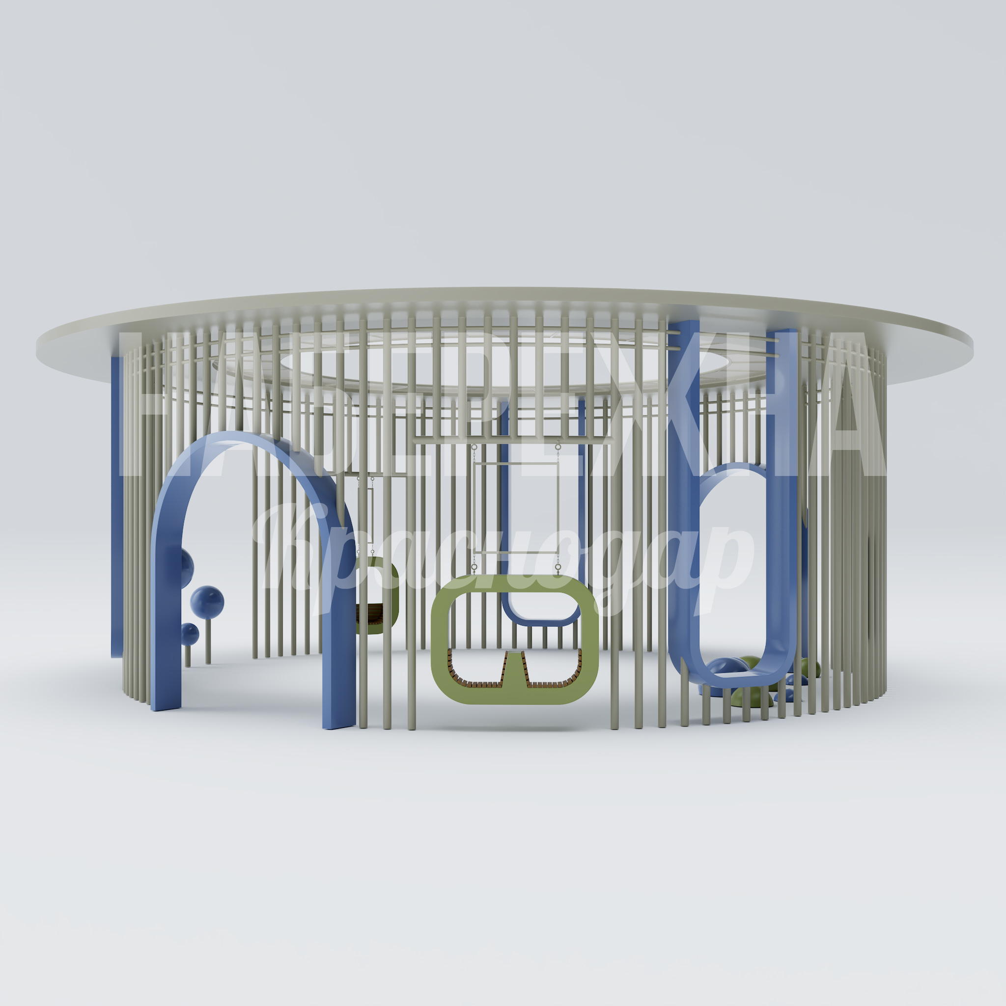 Пергола с качелями Mirfurle 20000x20000x5000 мм. MAF-25.059 Пергола с качелями и тренажёрами для активного отдыха. Комплексное решение для зон отдыха и спорта на улице.