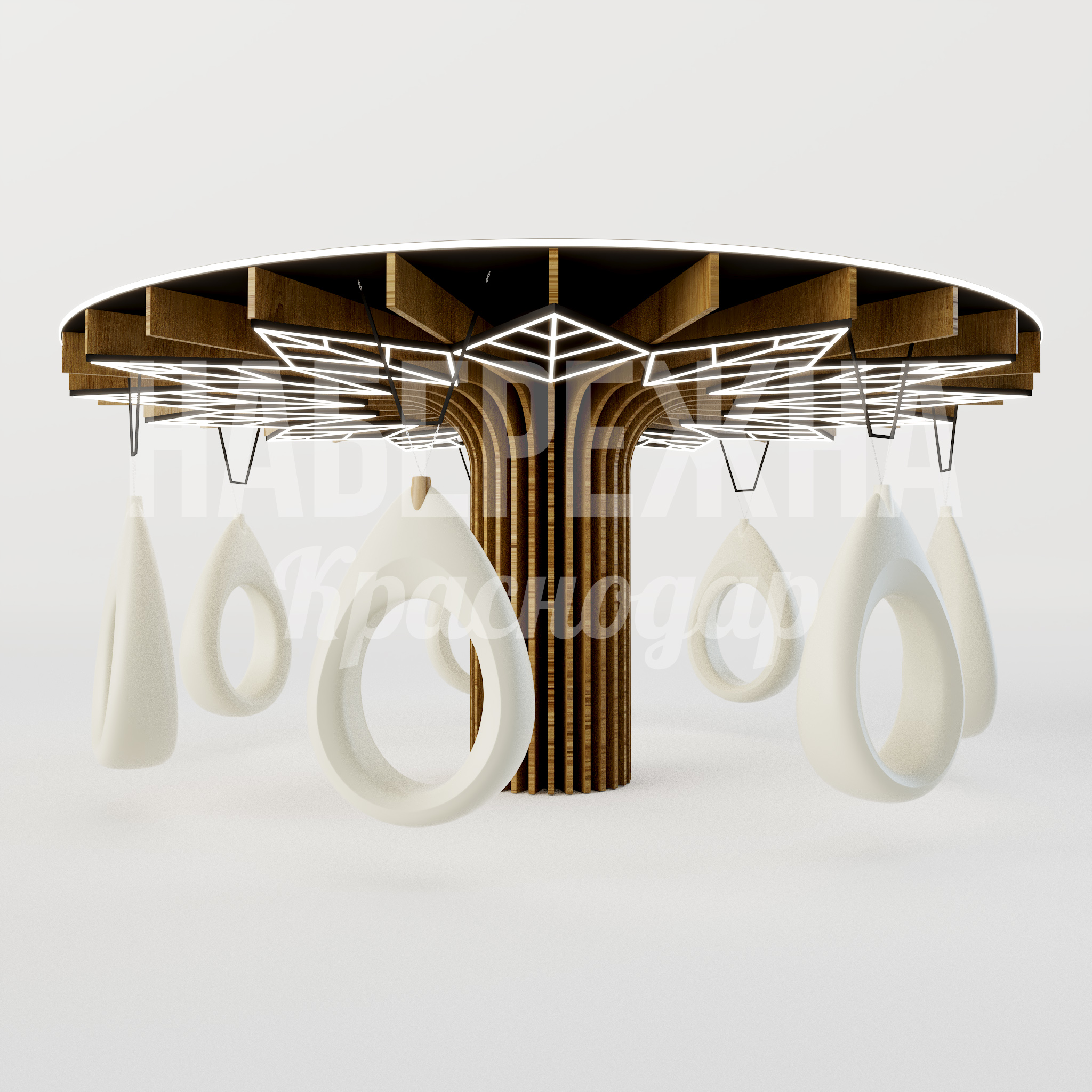 Навес Pevni с качелями 8000x8000x3650 мм. MAF-25.062 Навес с интегрированными качелями и подсветкой для создания зоны отдыха в парках и общественных пространствах.