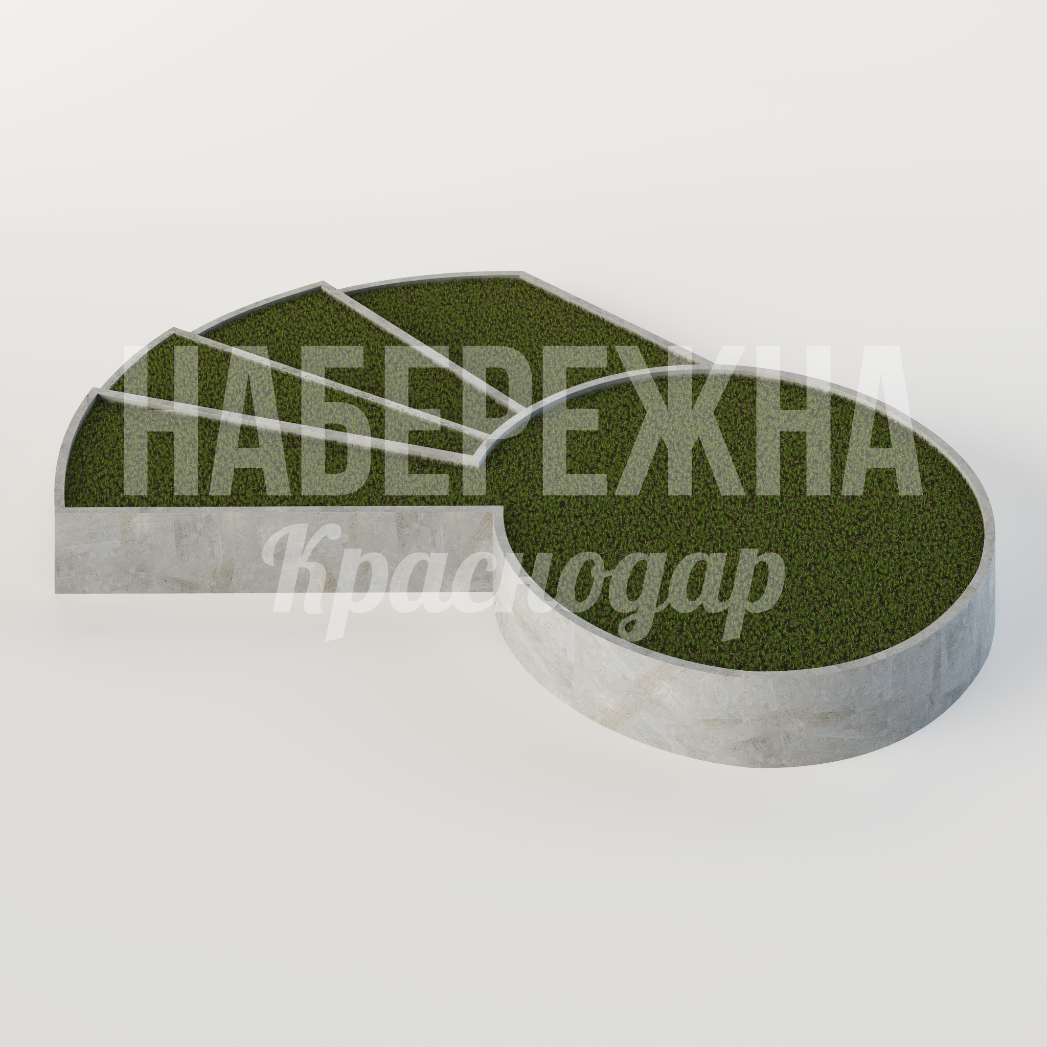 Клумба Bayvi 16100x18250x3860 мм. MAF-25.071 Клумба из армированного бетона с зонами для газона и высадки растений. Делит пространство на функциональные участки.