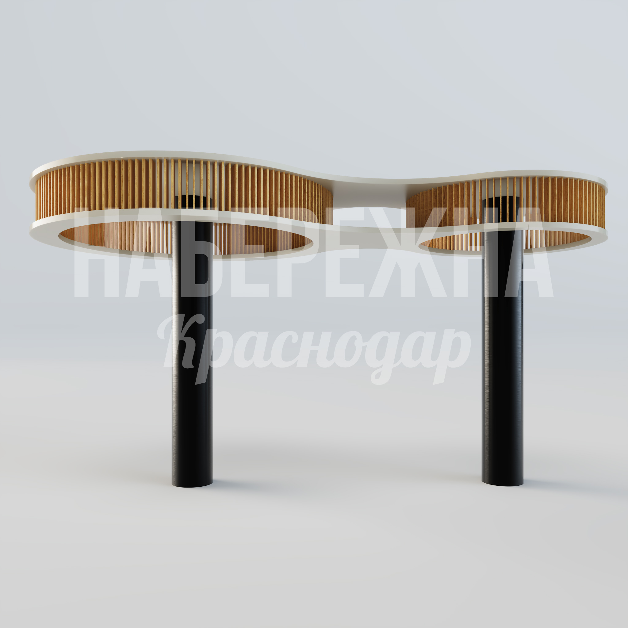 Навес Pinmi Double 3600x6850x3560 мм. MAF-25.082-2 Навес с двойной крышей из деревянных ламелей на стальных опорах для комфортных зон отдыха в парках и скверах.