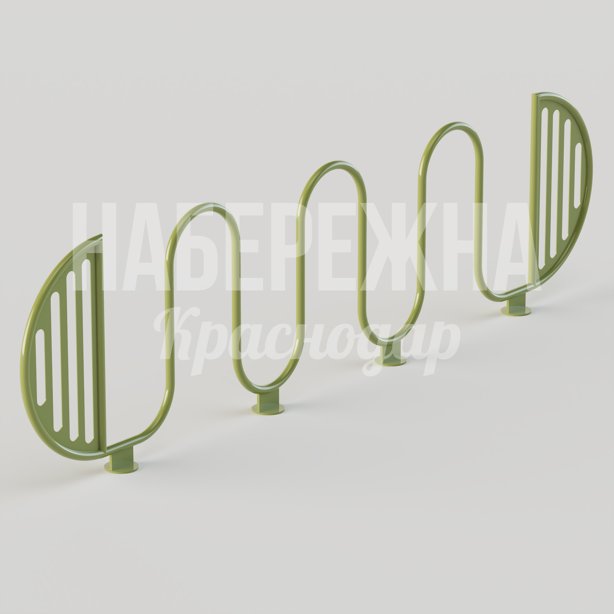 Велопарковка Muesji 100x2900x770 мм. MAF-25.090 Велопарковка с фигурными стойками разной формы. Вмещает до 5 велосипедов. Порошковая окраска защищает от коррозии.