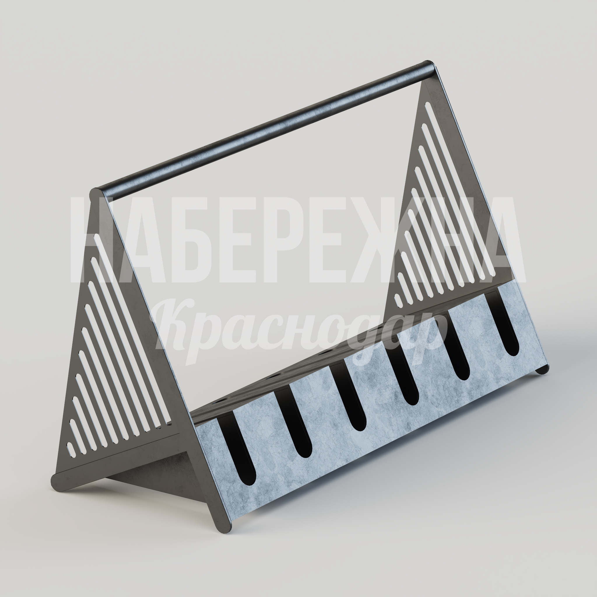 Велопарковка Görnitle 600x1500x850 мм. MAF-25.096 Велопарковка на 5 мест с треугольной конструкцией и декоративной перфорацией, защищает велосипеды от падения.