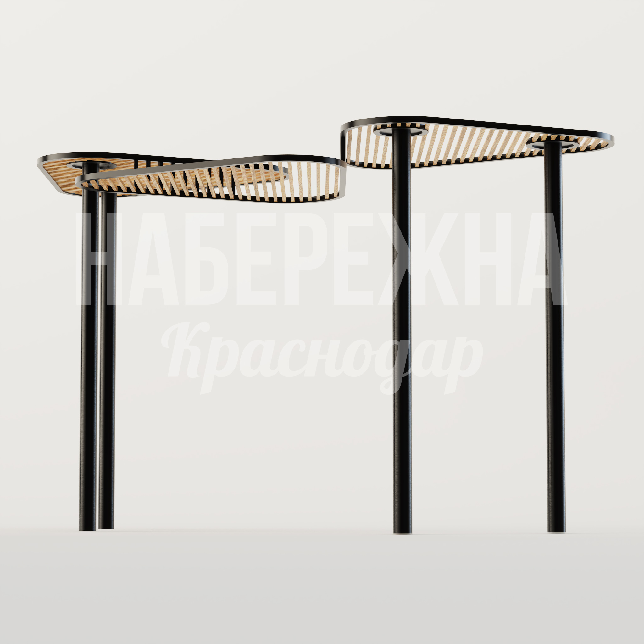 Навес Luöyba 5500x6500x4200 мм. MAF-25.099-3 Навес с двухуровневыми деревянными ламелями на стальном каркасе. Защита от солнца и осадков для общественных пространств.