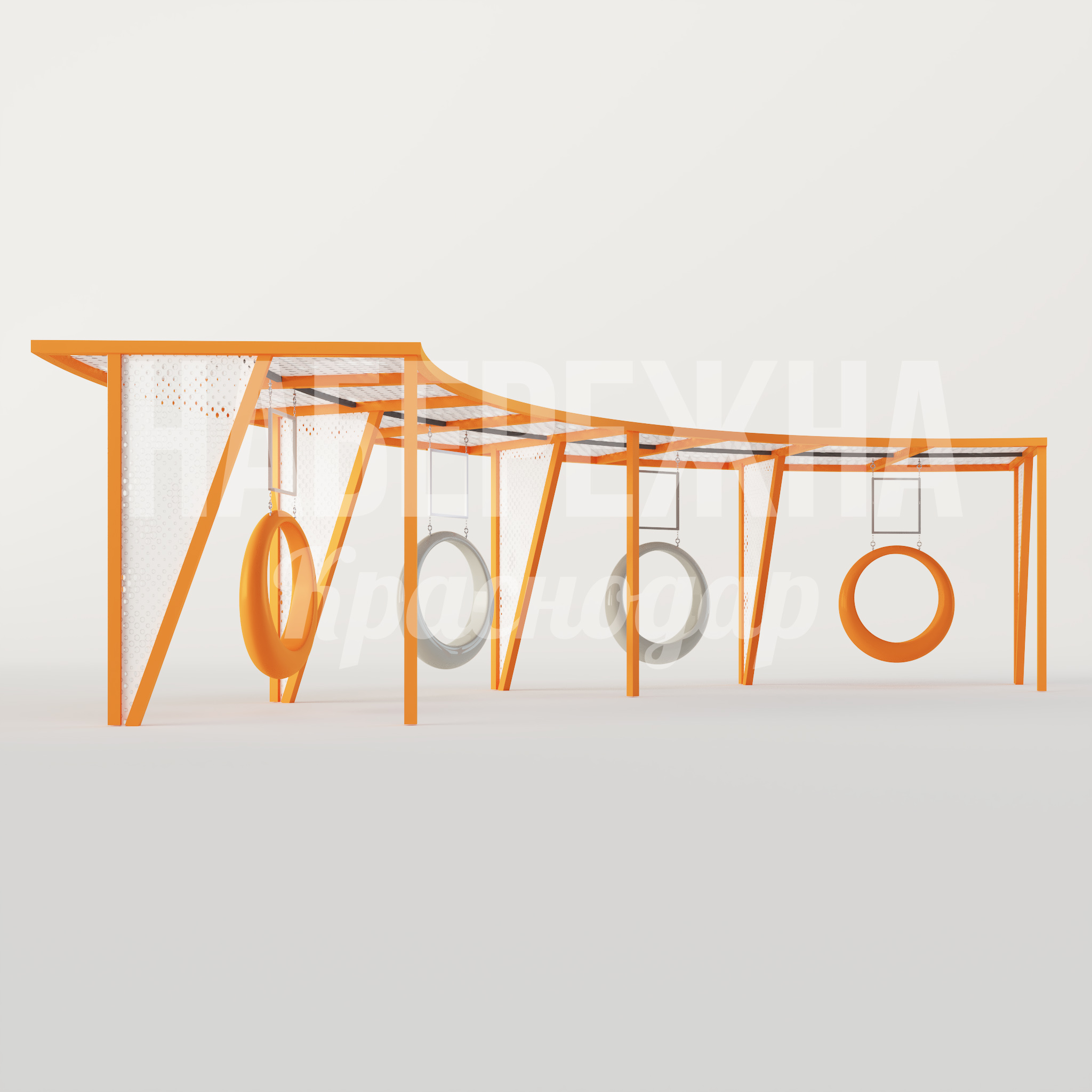 Качели Osvinsai 14000x5300x3100 мм. MAF-25.106 Качели с навесом и гимнастическими кольцами для детских площадок. Прочная конструкция выдерживает интенсивную нагрузку.