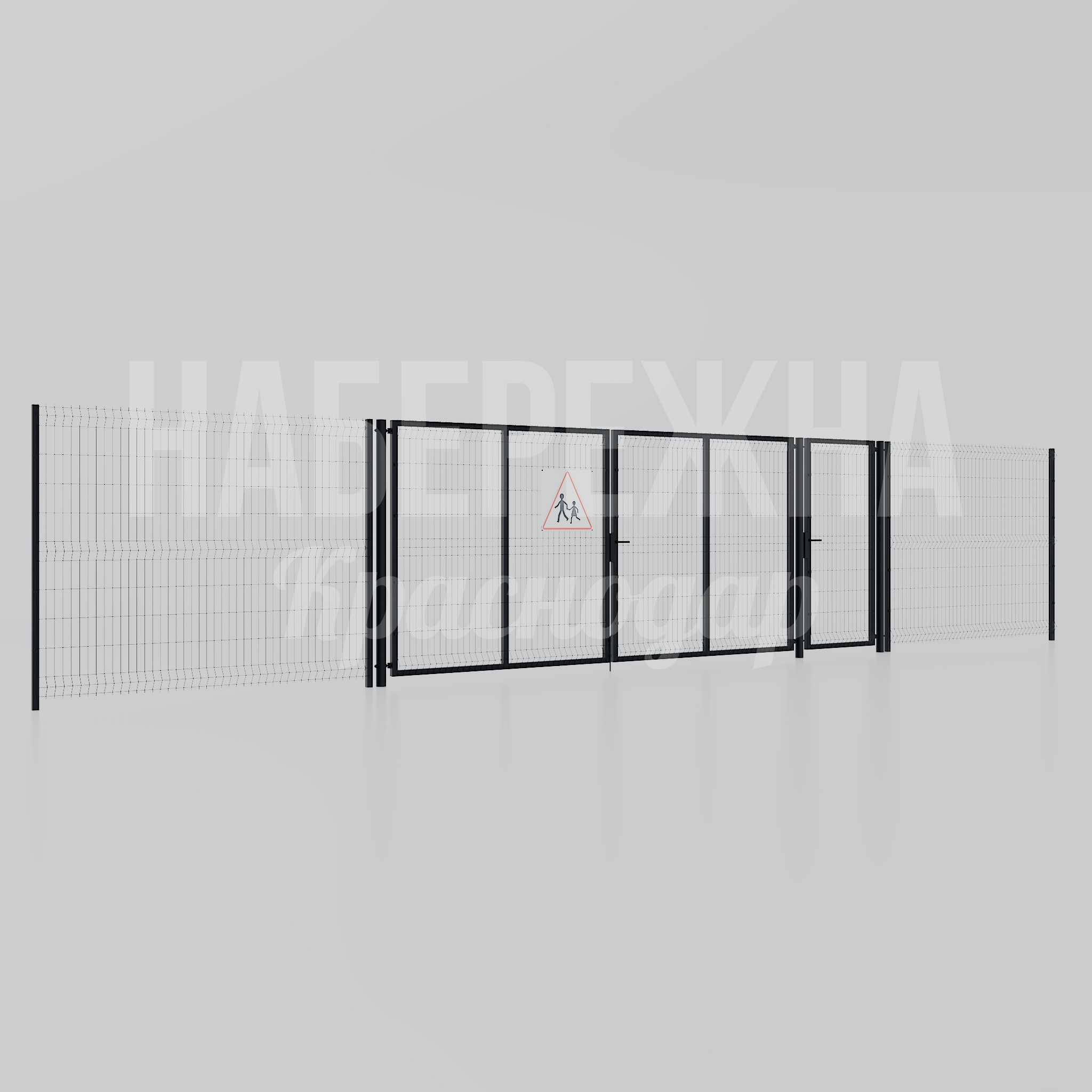 Ограждение Muak 10200x10800x2100 мм. MAF-25.259 Ограждение с сетчатыми секциями и распашными воротами для безопасного зонирования школ и детских площадок.
